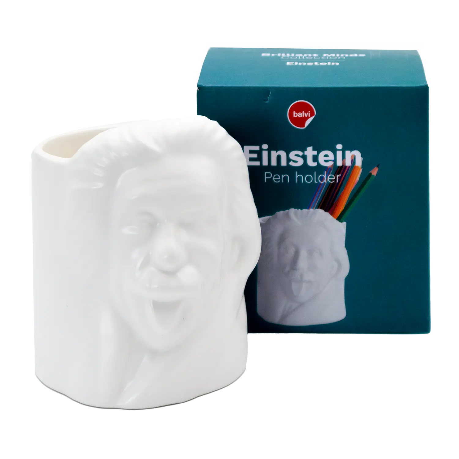 Der Albert Einstein Stifthalter – Keramik, Schreibtisch Deko in Weiß steht neben seiner blauen Schachtel, die den Halter mit Buntstiften gefüllt und mit der Aufschrift „Einstein-Stifthalter“ zeigt.