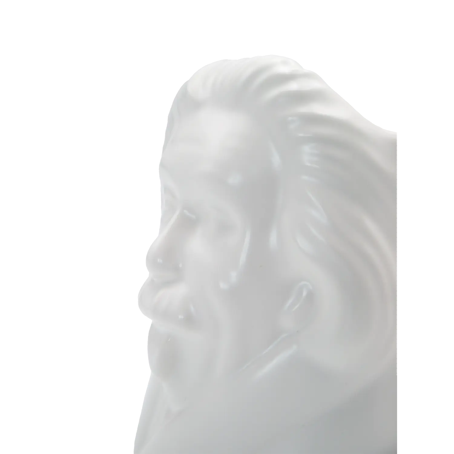 Ein halbtransparenter, milchig weißer Albert Einstein Stifthalter – Keramik, Schreibtisch Deko, der Einsteins Seitenprofil mit langen Haaren und Schnurrbart auf weißem Hintergrund zeigt – ein elegantes Büroaccessoire für jeden Schreibtisch.