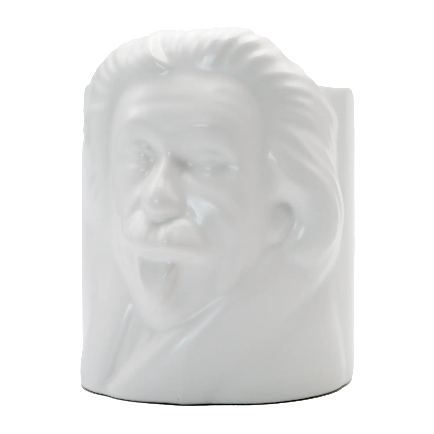Der Albert Einstein Stifthalter – Keramik, Schreibtisch Deko ist eine weiße Keramiktasse in Form von Einsteins Kopf mit der ikonischen wilden Frisur und dem Schnurrbart – ideal als origineller Stifthalter für Ihren Schreibtisch.