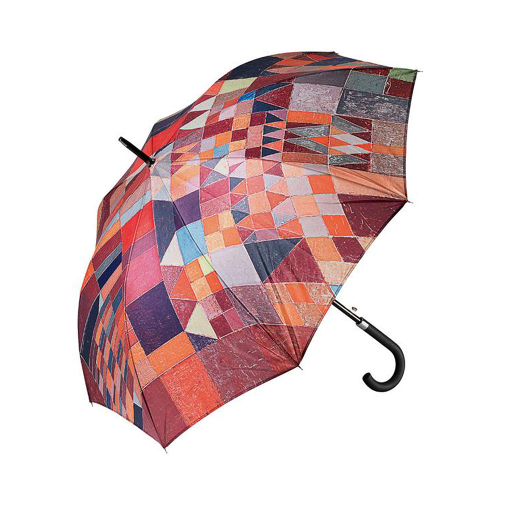 Der Stockschirm „Burg und Sonne“ ist ein farbenfroher Automatik-Stockschirm mit einem geometrischen Muster in Rot, Orange, Blau und Lila mit Quadraten, Dreiecken und Rauten. Er verfügt über einen eleganten, schwarzen, geschwungenen Griff.