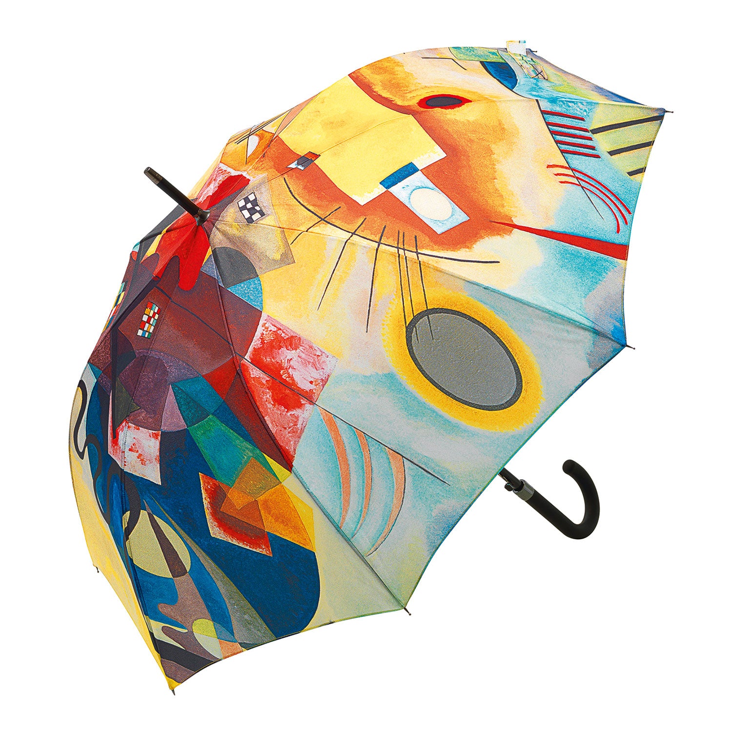 Der Stockschirm "Gelb - Rot - Blau" besticht durch ein von Kandinsky inspiriertes abstraktes Design mit geometrischen Formen und lebendigen Mustern in Blau, Gelb, Rot und Orange auf weißem Grund. Er hat einen geschwungenen schwarzen Griff – ideal für alle Kunstliebhaber.
