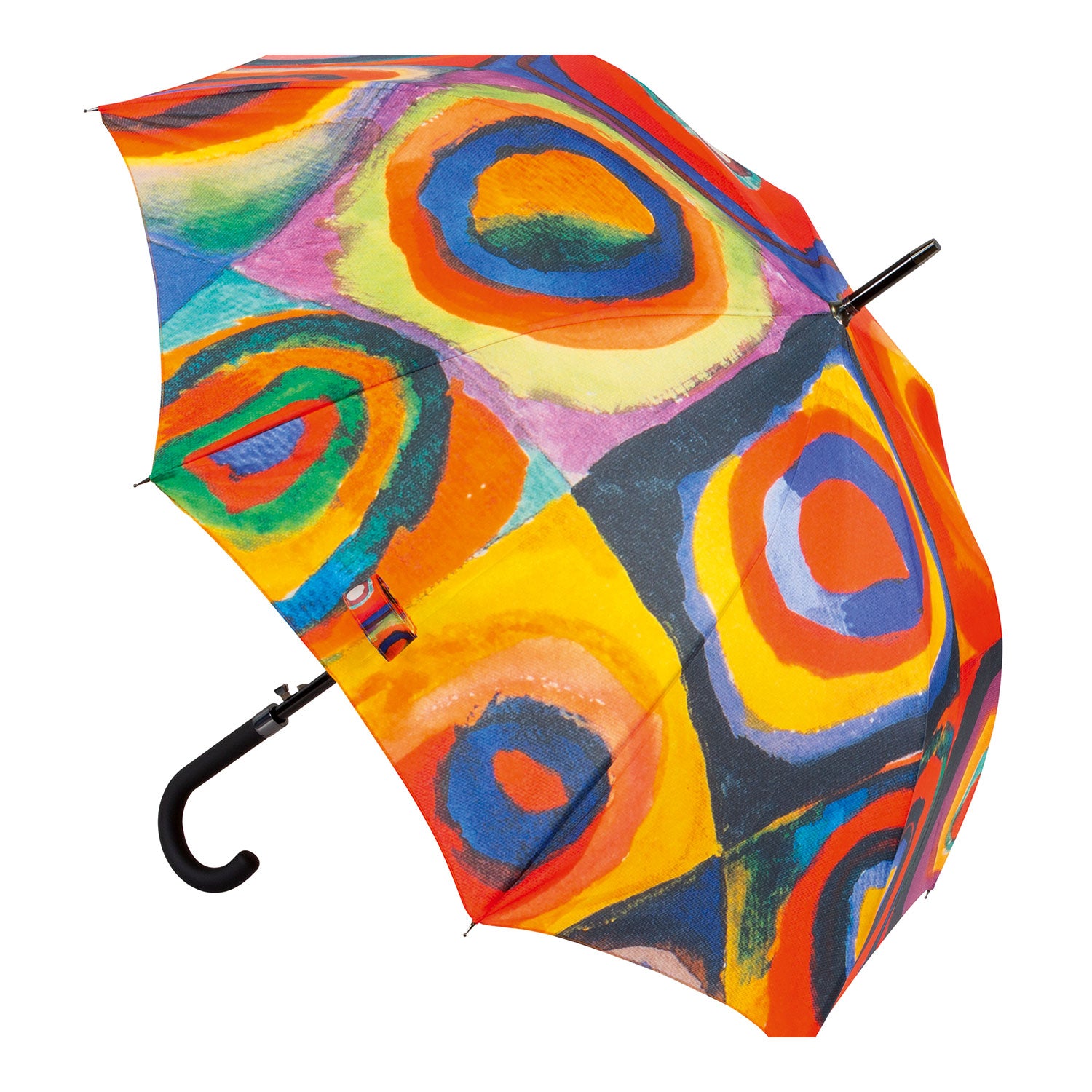 Der Stockschirm „Farbstudie Quadrate“ zeigt ein lebendiges, abstraktes Muster, das von Kandinskys Farbstudie Quadrate inspiriert ist, mit kräftigen konzentrischen Kreisen und Quadraten in lebendigen Farben und einem schwarzen, geschwungenen Griff.
