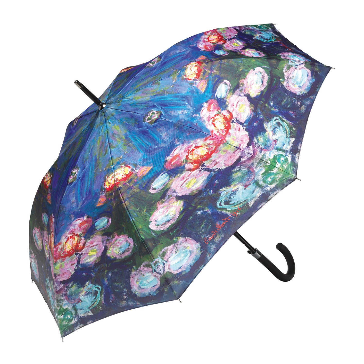 Der Stockschirm „Nymphéas“ präsentiert ein vom Impressionismus inspiriertes Design mit leuchtend blauen, rosa und weißen Pinselstrichen, die an Claude Monets Seerosen erinnern. Er verfügt über einen eleganten schwarzen Griff.