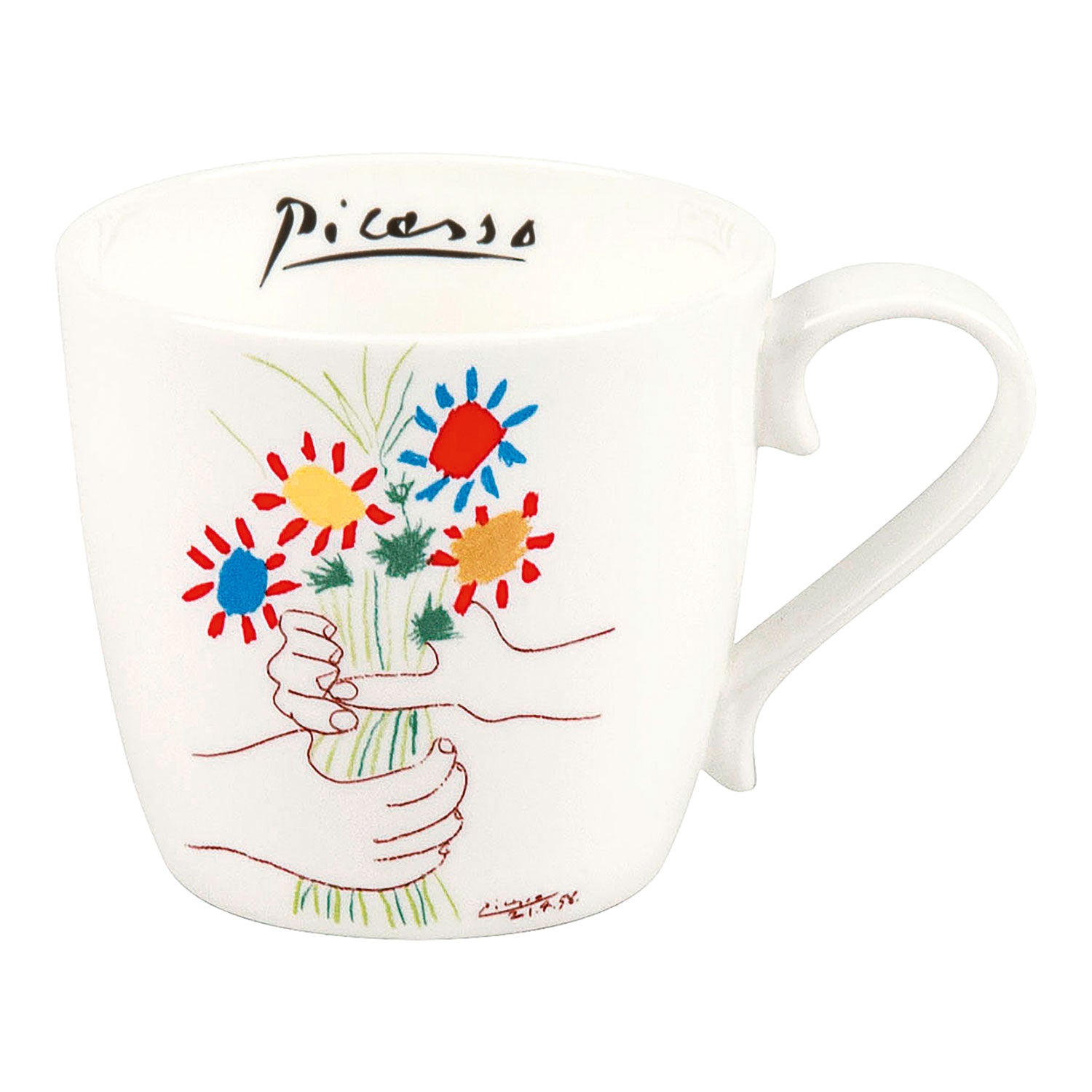 Diese elegante weiße Tasse aus dem „Tassenset mit Künstlermotiven im 4er-Set“ zeigt eine lebendige Illustration von Händen, die einen Strauß bunter Blumen halten, mit der Signatur „Picasso“ oben drauf – perfekt für Fans von Porzellangeschirr und alle, die Tassen mit Künstlermotiven lieben.