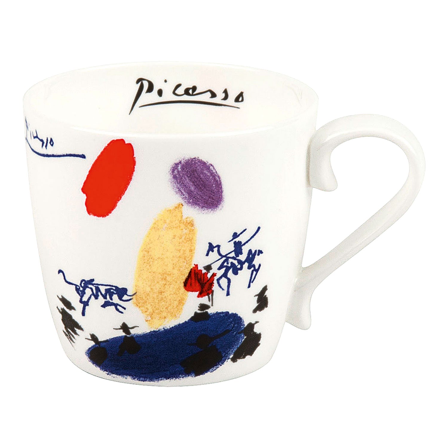 Dieses Tassenset mit Künstlermotiven zeigt abstrakte Kunst in Rot, Lila, Gelb und Blau mit der Signatur „Picasso“. Der Henkel der weißen Porzellantasse befindet sich auf der rechten Seite – perfekt für Liebhaber von Tassen mit Künstlermotiven.