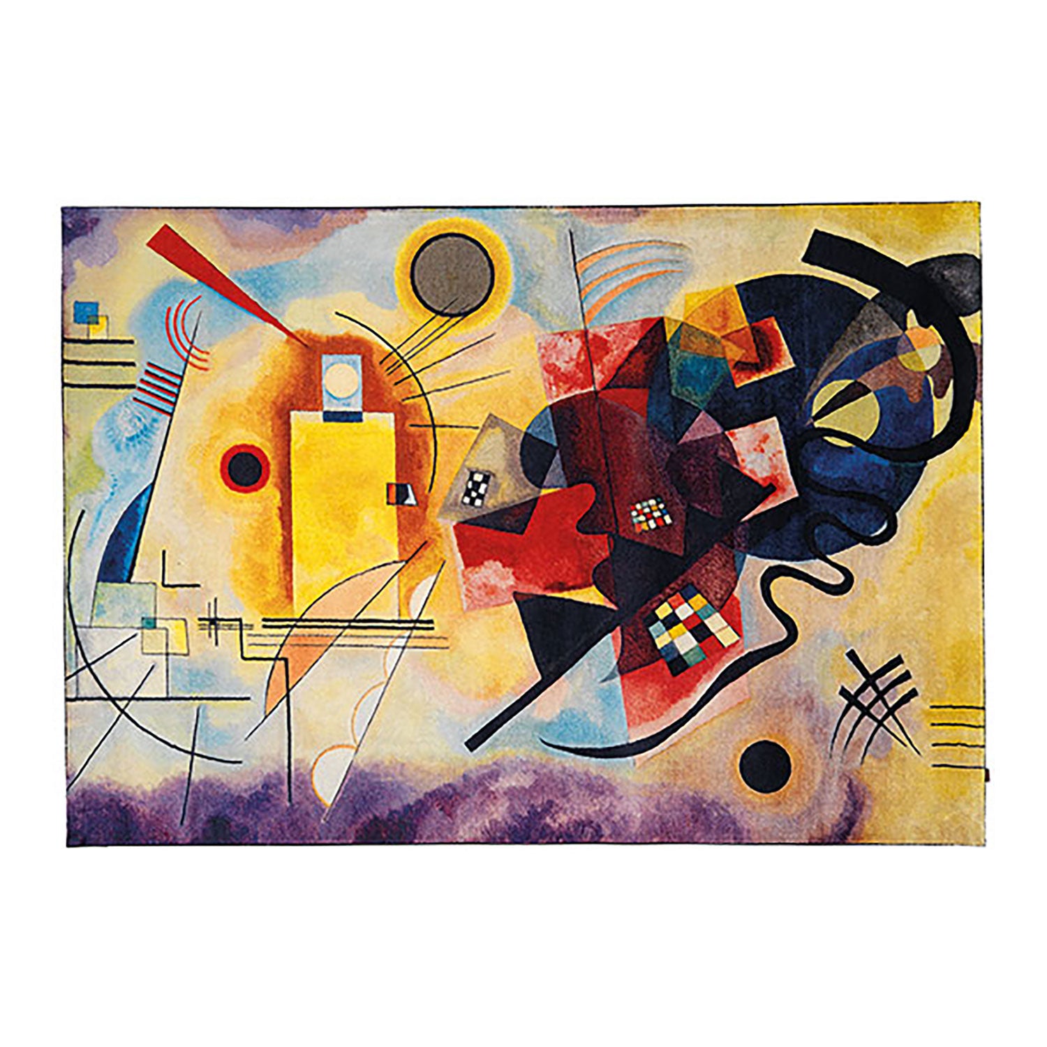 Die geometrischen Formen, sich kreuzenden Linien und leuchtenden Farben des Gemäldes erinnern mit Kreisen, Rechtecken und dynamischen Pinselstrichen an Kandinsky und erzeugen Bewegung und Harmonie.