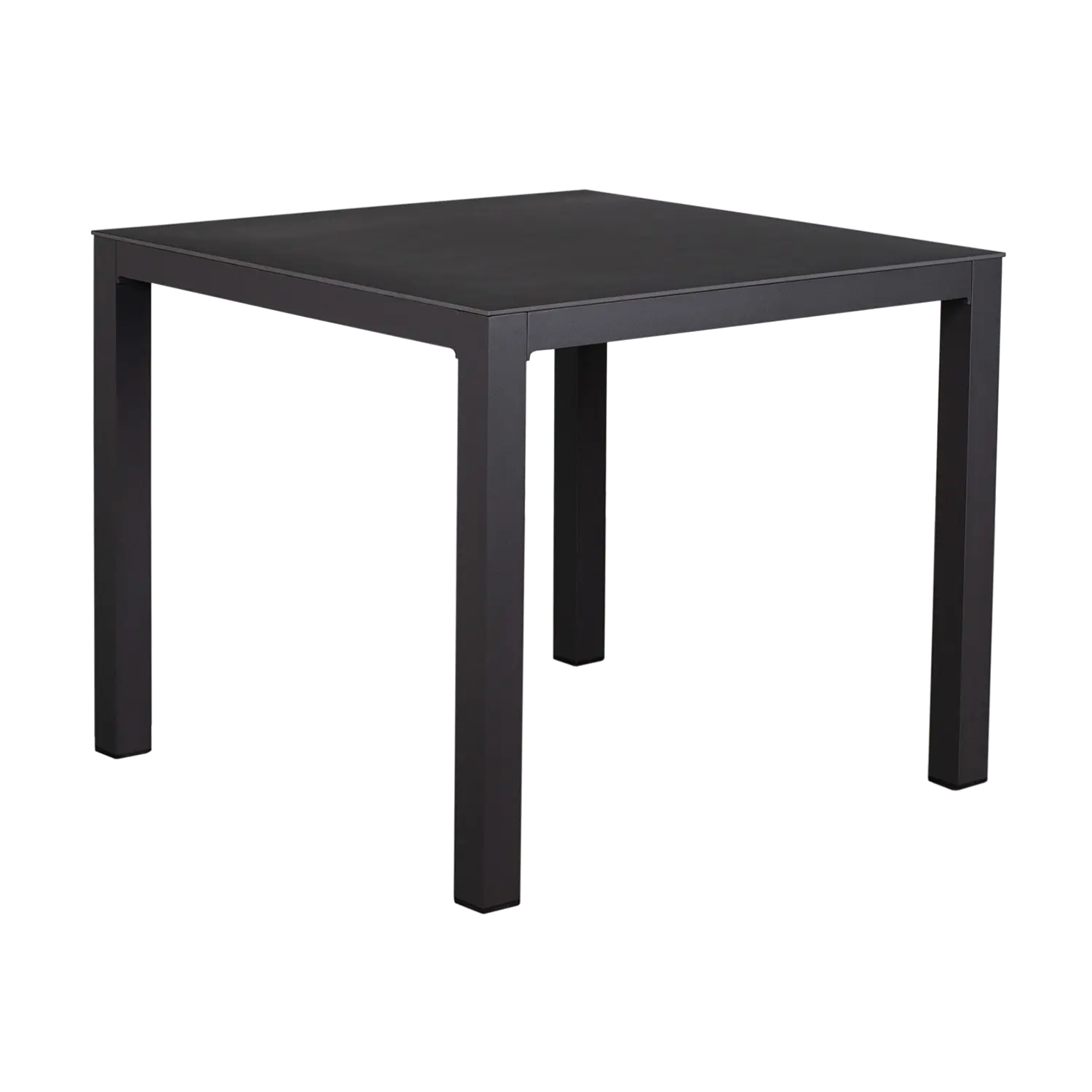 Der Tisch Tarifa ist ein minimalistischer, mattschwarzer quadratischer Tisch mit vier geraden Beinen. Sein modernes Design zeichnet sich durch klare Linien und eine glatte Oberfläche aus und macht ihn zum idealen Gartentisch für jeden Außenbereich oder Essbereich.