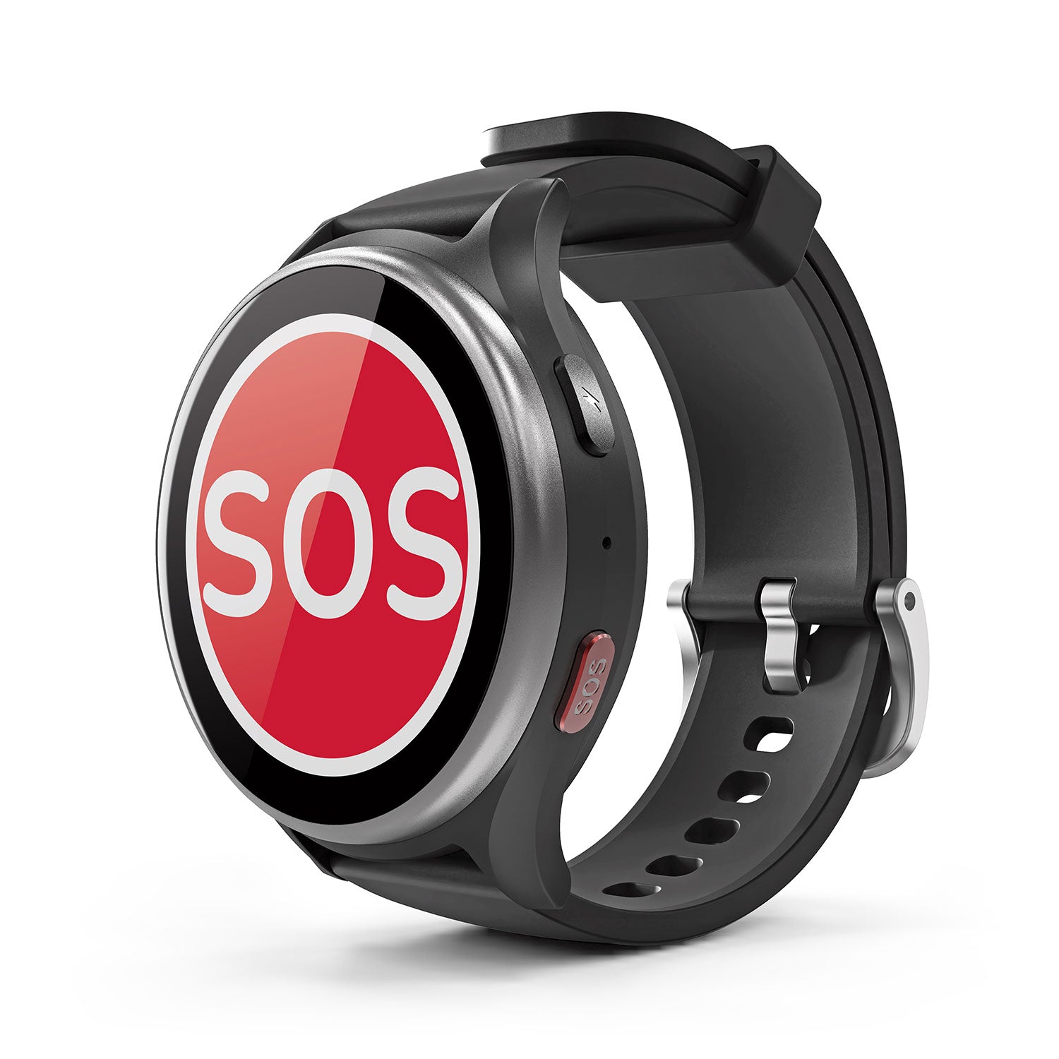 Die Uhr mit Telefon- und SOS-Funktion verfügt über ein elegantes Design mit schwarzem Armband und einer großen roten SOS-Taste auf dem Bildschirm und einer weiteren an der Seite, die für Komfort (bequem zu tragen) und zuverlässige Notrufe (verlässlicher Notruf) sorgt.