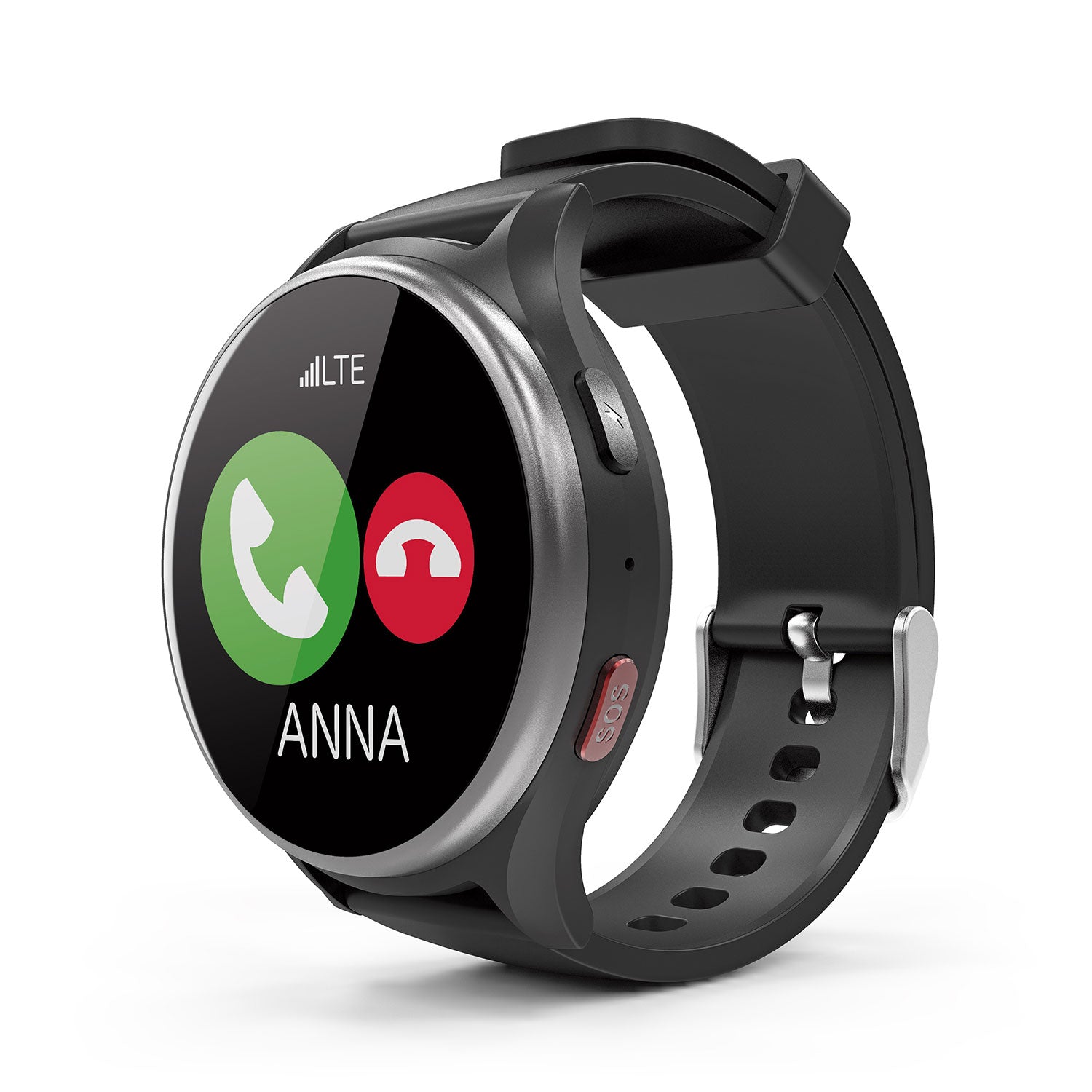 Die Uhr mit Telefon- und SOS-Funktion verfügt über ein schwarzes Armband und ein rundes Display, das eingehende Anrufe, wie beispielsweise einen von „Anna“, mit grün/roten Symbolen zum Annehmen/Ablehnen anzeigt. Sie verfügt über eine SOS-Taste für einen verlässlichen Notruf und bietet sowohl Stil als auch Komfort.