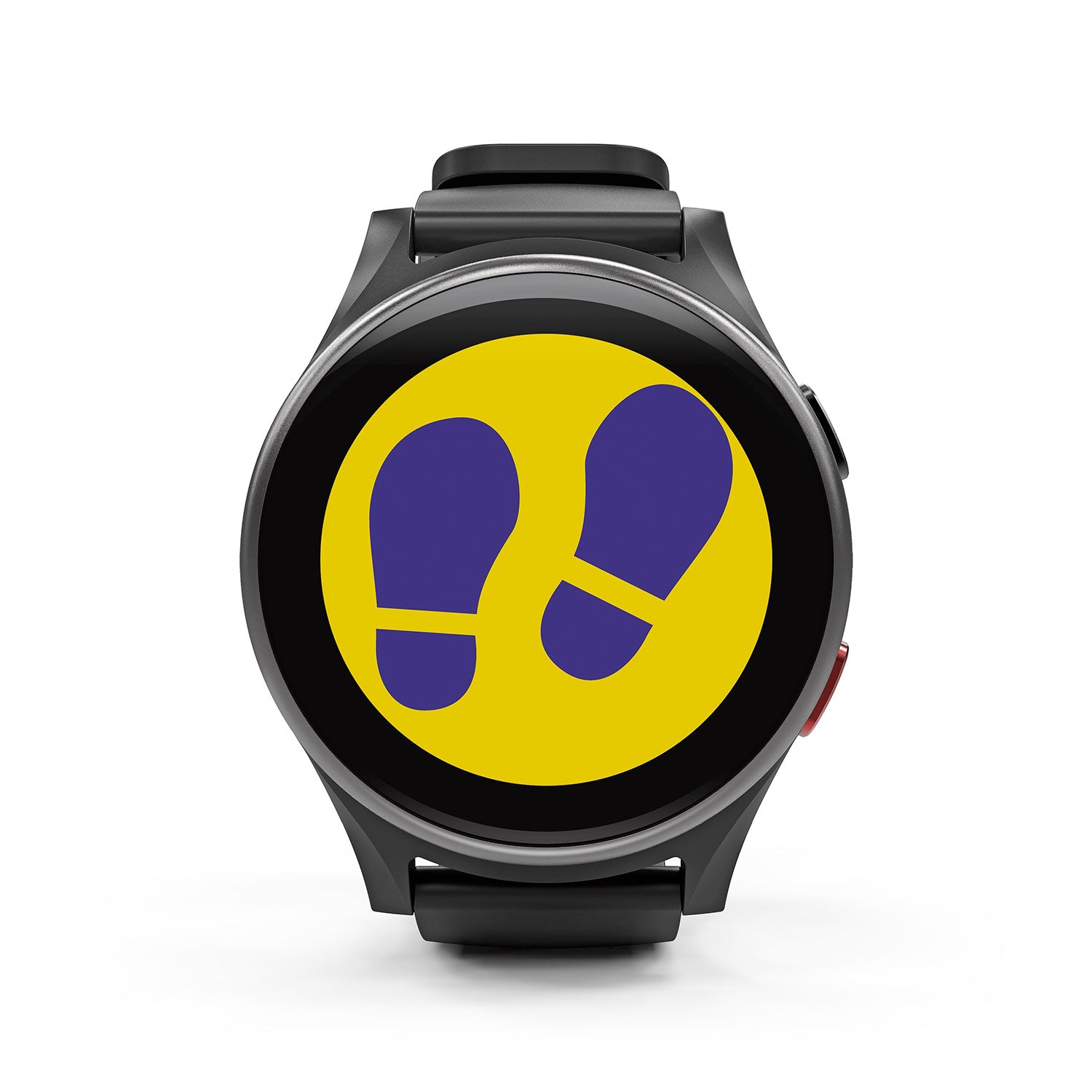 Die bequem zu tragende emporiaWATCH-LTE verfügt über eine Fitness-App mit zwei blauen Fußabdrücken auf einem gelben Kreis zur Schrittverfolgung. Das elegante Design mit schwarzem Armband sorgt für zusätzliche Sicherheit dank der zuverlässigen Notruffunktion „Uhr mit Telefon- und SOS-Funktion“.