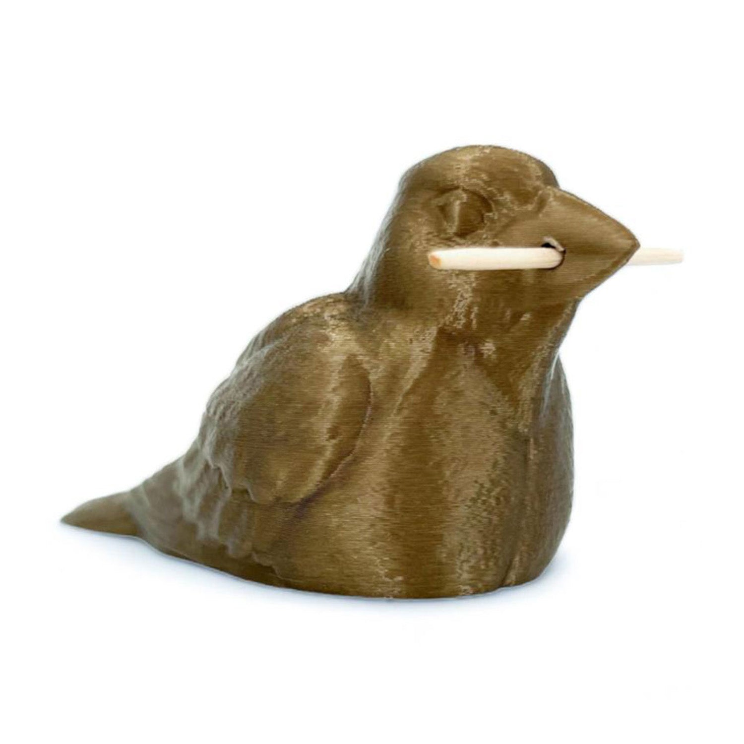 Der Ulmer Spatz 3D Druck ist eine kleine, braune Vogelfigur aus strukturiertem PLA, die einen Zahnstocher im Schnabel hält. Diese skurrile 3D-gedruckte Dekoration verleiht jeder Umgebung Charme.