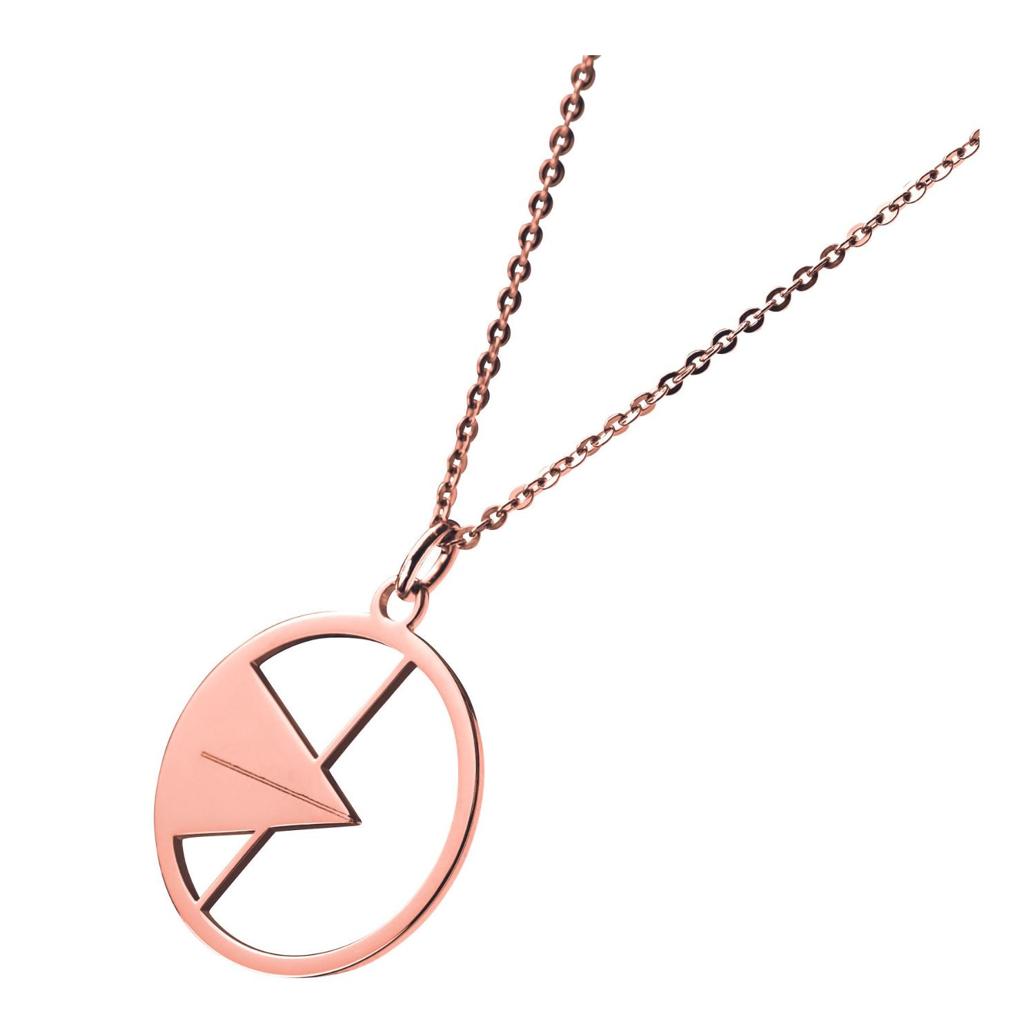 Der Anhänger und die Halskette „Ulmer Spatz“ bestehen aus einem runden Anhänger aus Roségold mit geometrischen Aussparungen, darunter ein Dreieck und eckige Formen, an einer zarten Kette und vor einem weißen Hintergrund.