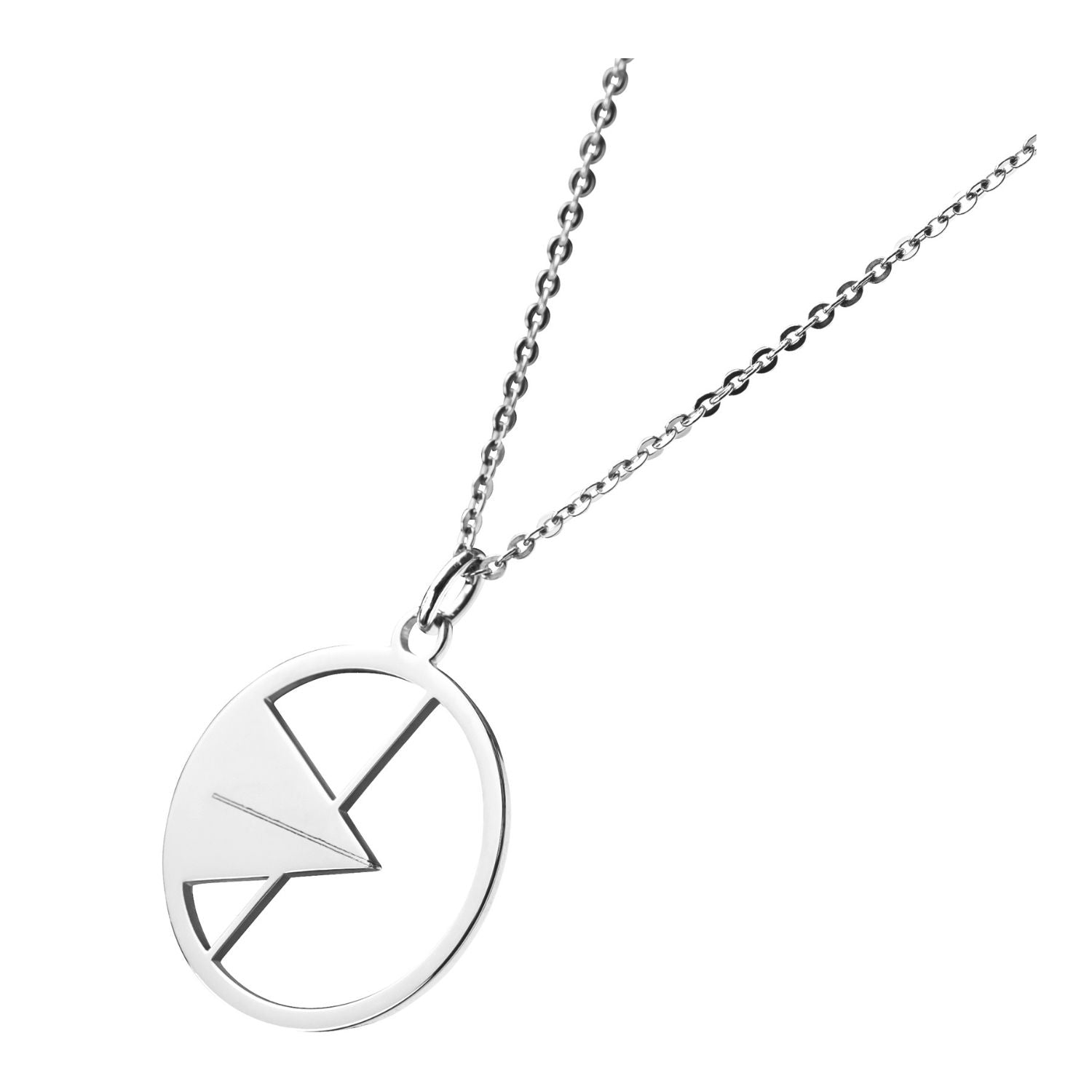 Der Anhänger und die Halskette „Ulmer Spatz“ ist eine silberne Halskette mit einem runden Anhänger mit einem ausgeschnittenen geometrischen Design, darunter ein Dreieck und Linien, an einer feinen Kette – abgebildet vor einem weißen Hintergrund.