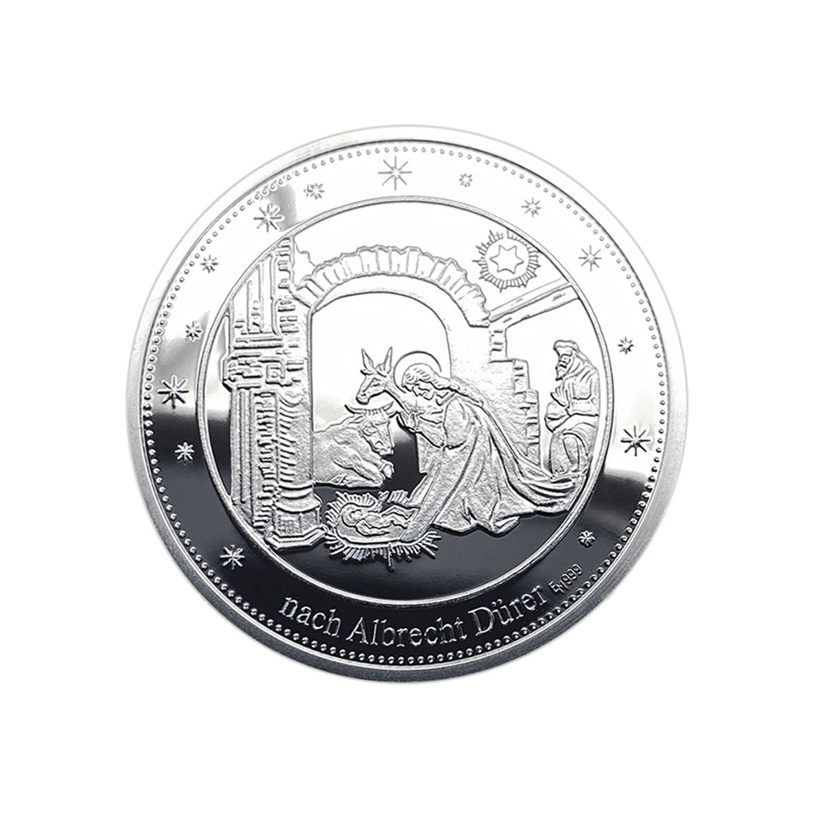 Der Ulmer Weihnachtstaler 2023 Feinsilber ist eine Silbermünze mit der Gravur einer Weihnachtskrippe – Maria, das Jesuskind in einer Krippe und Josef inmitten antiker Ruinen. Dekorative Sterne und der Schriftzug „nach Albrecht Dürer“ zieren diese exquisite Silberprägung.