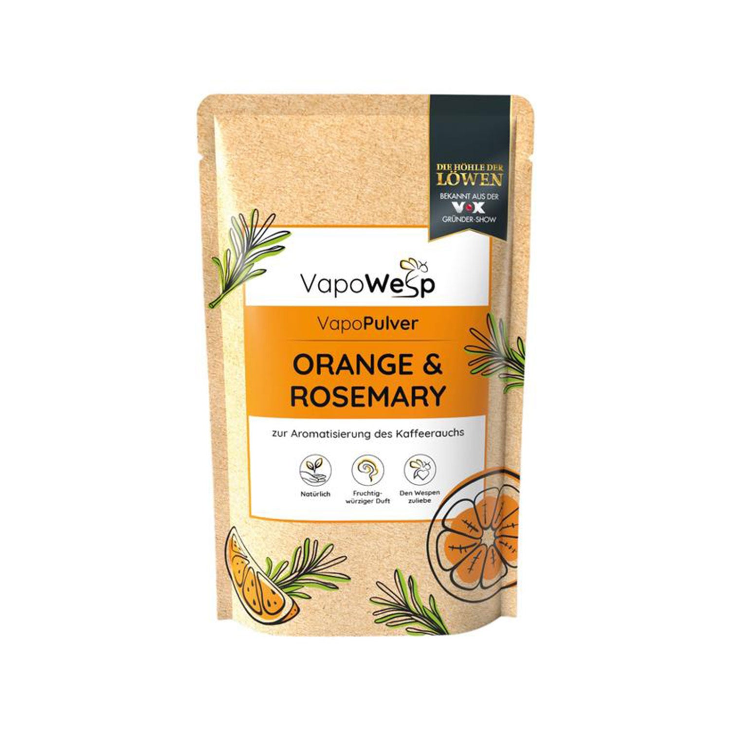 Ein brauner, wiederverschließbarer Beutel mit der Aufschrift „Kräutermischung – Orange & Rosmarin“ zeigt Orangen- und Rosmarinabbildungen, deutschen Text und ein goldenes Auszeichnungsetikett, das auf die Verwendung zur Verbesserung des Kaffeearomas hinweist.