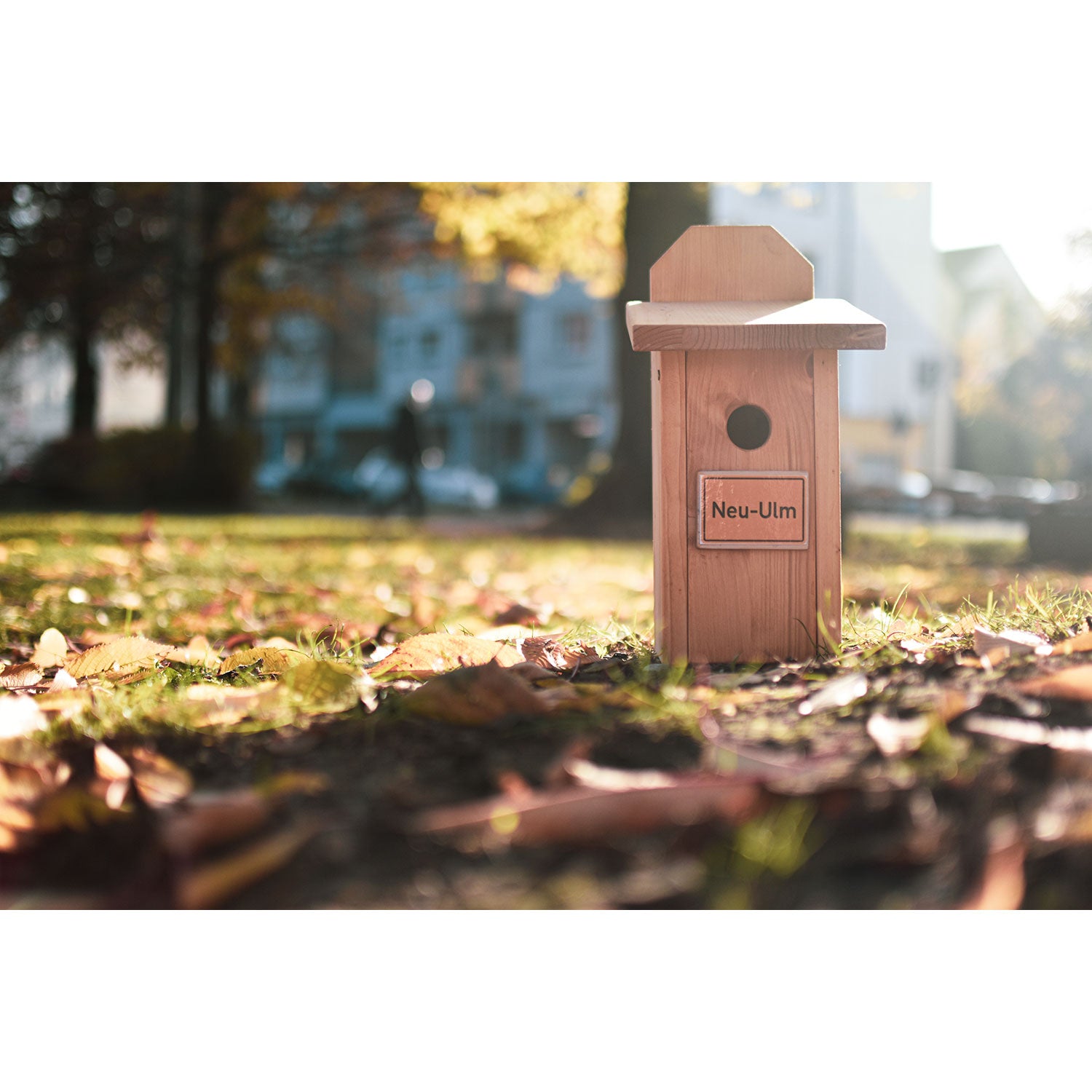 Ein Vogelhaus mit Ortsname Neu-Ulm steht auf einer mit Herbstlaub bedeckten Wiese. Im unscharfen Hintergrund sind Bäume und Gebäude in warmes, goldenes Sonnenlicht getaucht und schaffen so eine ideale Szene für Natur unterstützen.