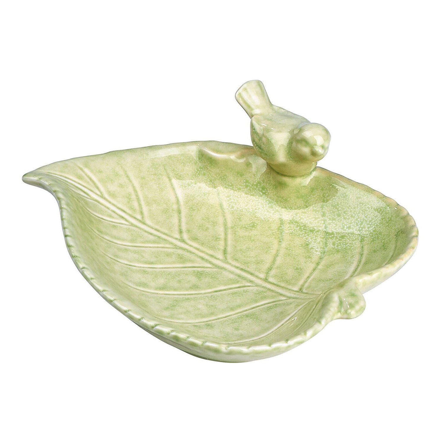 Grüne Vogeltränke aus Keramik mit einem Spatz