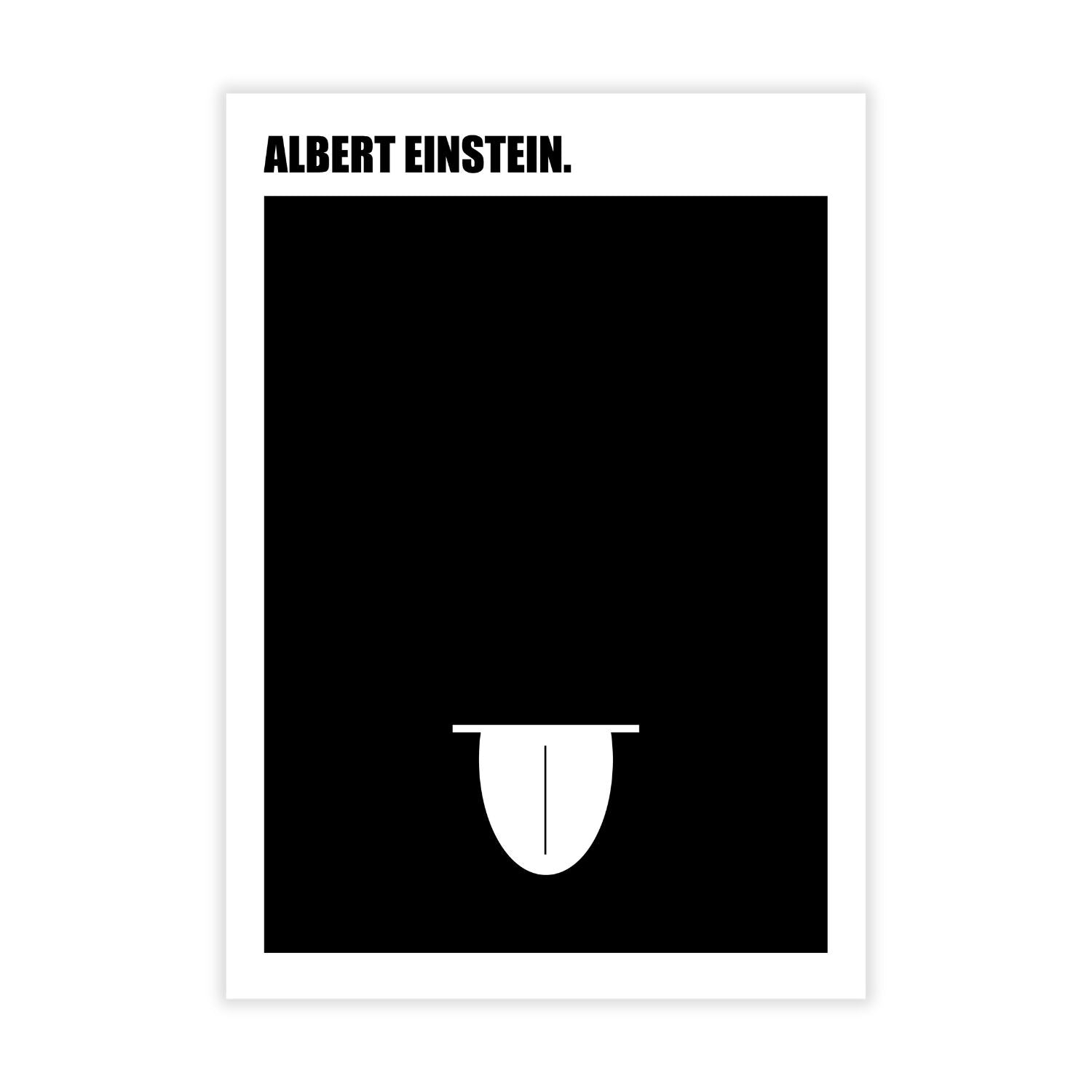 Minimalistisches Wandbild „Einstein“: schwarzer Hintergrund, weißer Rand, oben ALBERT EINSTEIN, unten schlichte weiße Zungenform – ein ikonisches Design auf Alu-Dibond, inspiriert vom Ulmer Wahrzeichen.