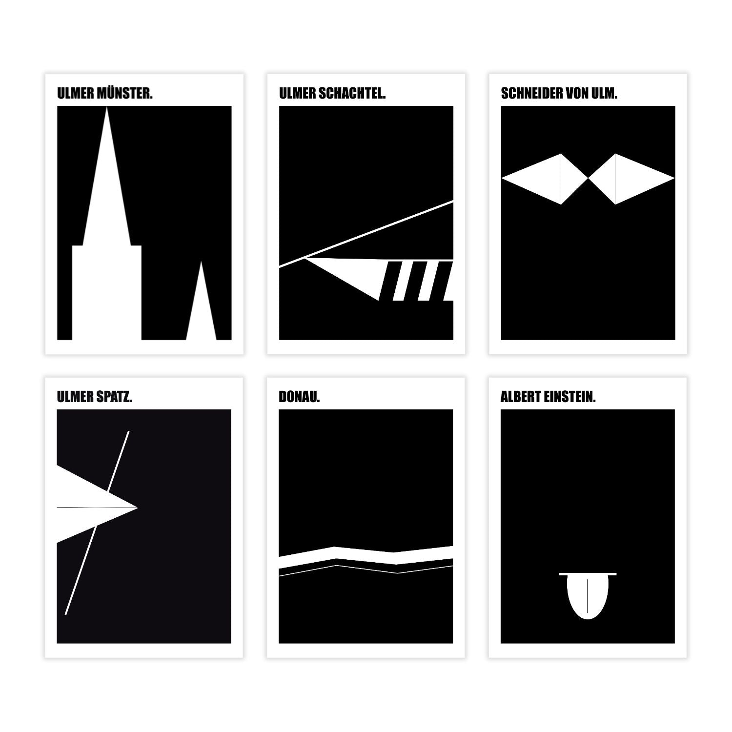 Die Wandbild Komplett-Serie (6 Stück) zeigt minimalistische Schwarz-Weiß-Kunstwerke mit abstrakten geometrischen Formen von Ulmer Münster, Ulmer Schachtel, Schneider von Ulm, Ulmer Spatz, Donau und Albert Einstein. Jeder Druck enthält fetten Text für einen auffälligen visuellen Effekt.