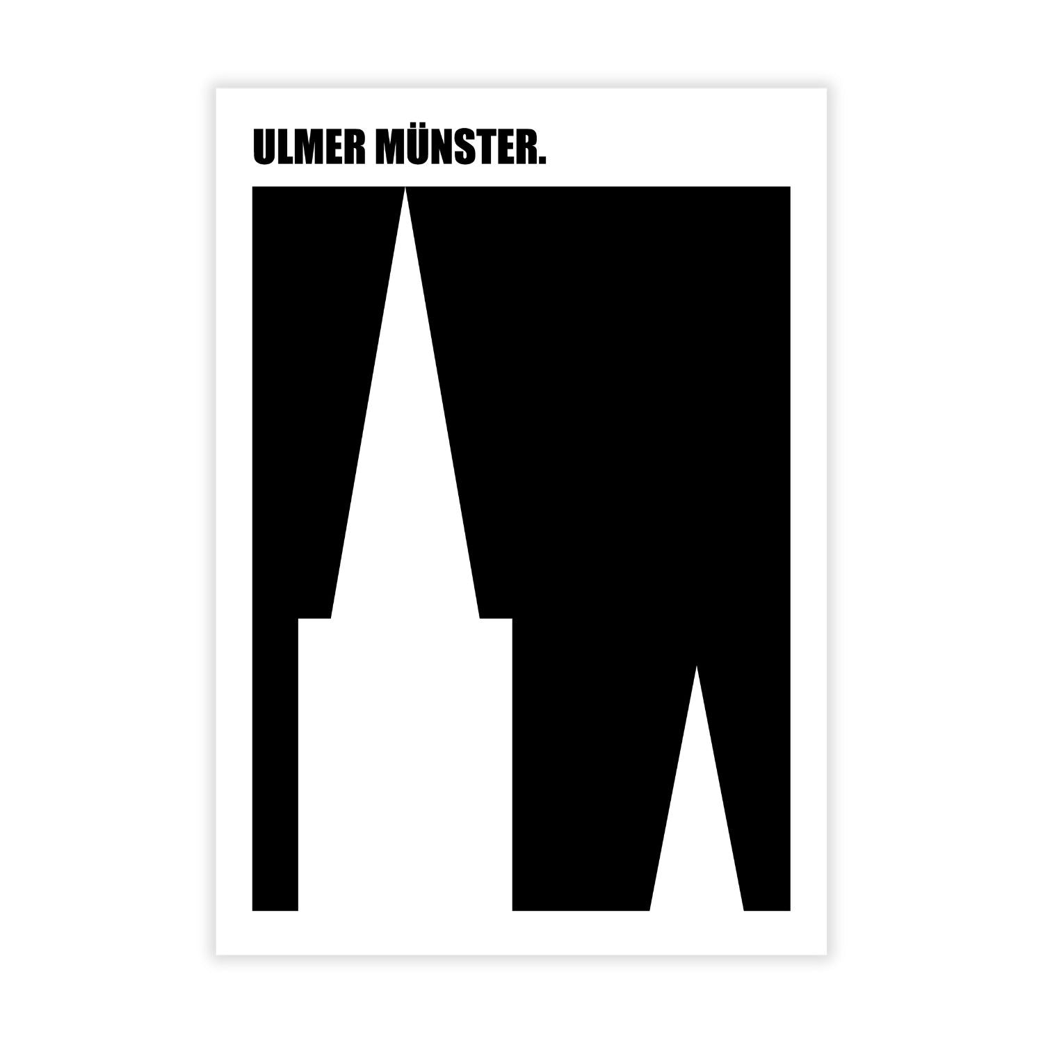 Das Wandbild „Ulmer Münster“ zeigt ein minimalistisches schwarz-weißes Alu-Dibond-Design mit markanten Silhouetten der Türme des Ulmer Münsters und „ULMER MÜNSTER.“ oben – eine eindrucksvolle Hommage an dieses ikonische Ulmer Wahrzeichen.