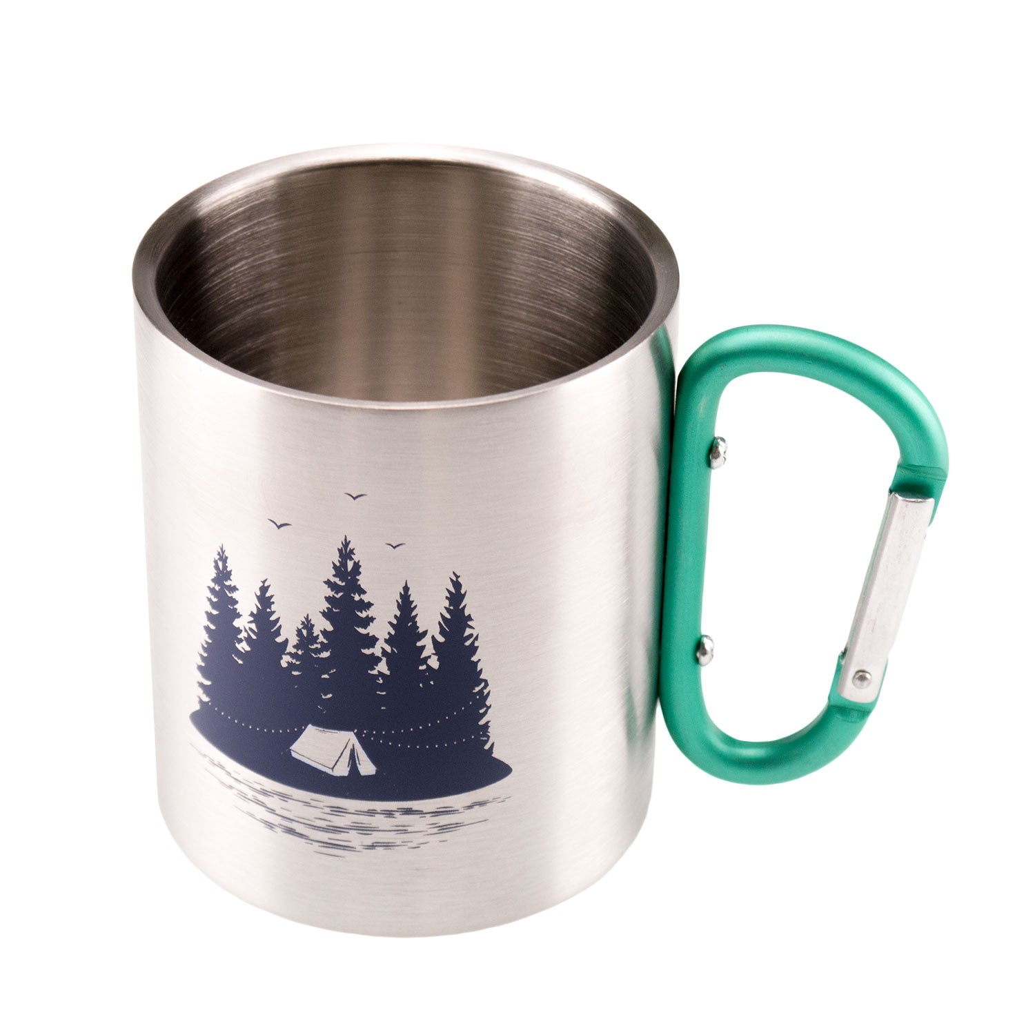 Der Fernweh Karabiner-Becher mit seinem leuchtend grünen Karabinergriff ist perfekt zum Campen. Verziert mit Bäumen, Zelt und Vögeln bietet er Funktionalität und Stil zugleich.