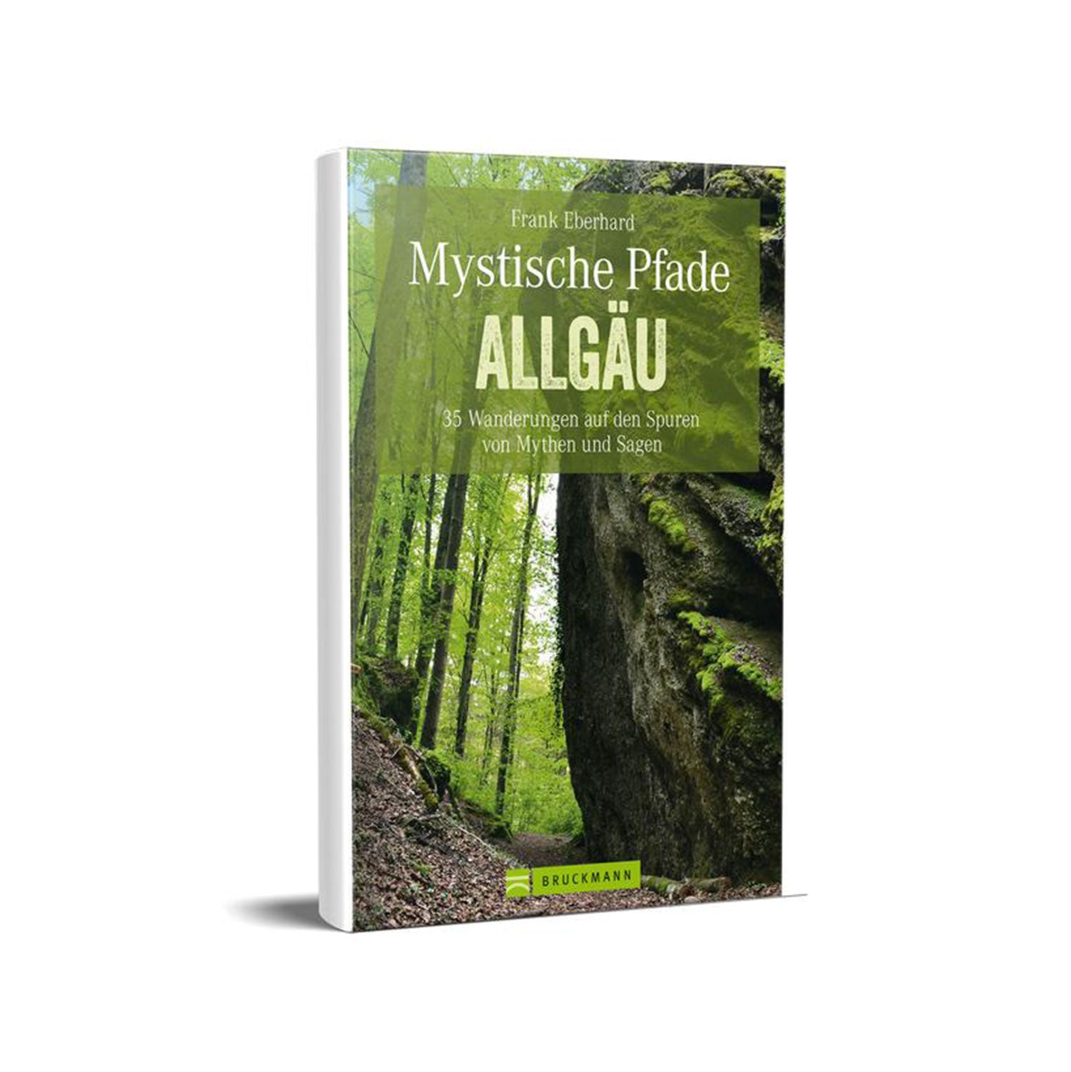 Ein 3D-gerendertes Bild von „Mystische Pfade Allgäu – 35 Wanderungen auf den Spuren von Mythen und Sagen“ von Frank Eberhard zeigt einen Waldweg, der von üppigen Bäumen und moosigen Felsen gesäumt ist. Es ist im Bruckmann-Verlag erschienen und lädt zum Erkunden zauberhafter Wanderwege ein.