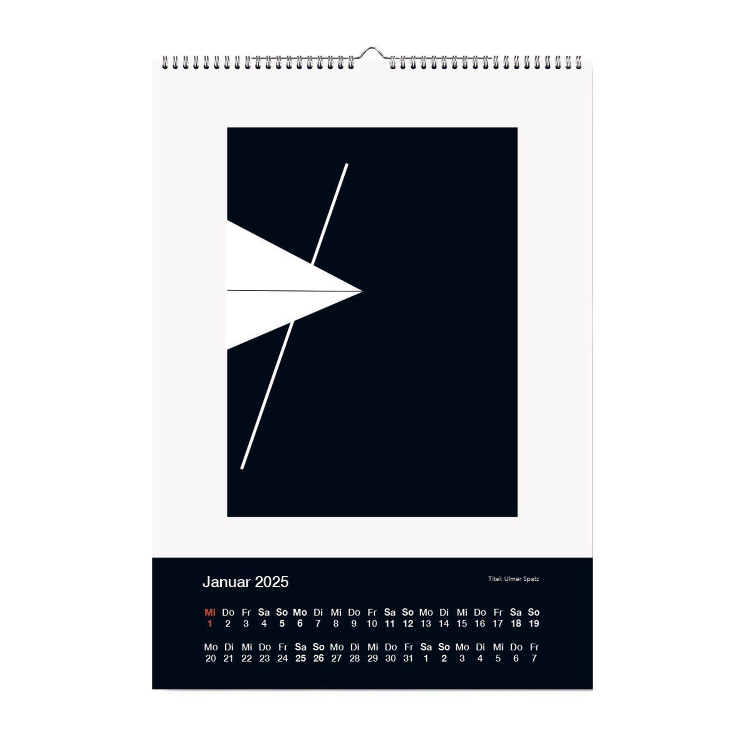 Der Wandkalender – Ulmer Kunstdrucke für Januar 2025 besticht durch ein minimalistisches, abstraktes Schwarz-Weiß-Design mit geometrischen Formen. Das Kalenderlayout zeigt die Wochentage, die Sonntage sind rot hervorgehoben und „Januar 2025“ ist elegant in Weiß beschriftet.