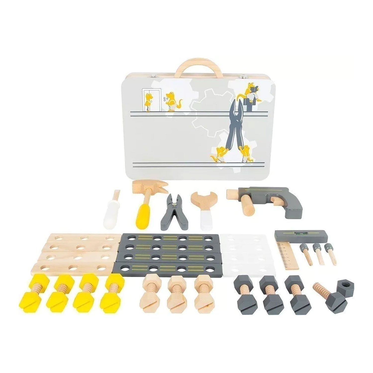 Der Werkzeugkoffer für Kinder ab 3 Jahre (aus Holz) ist ideal für kleine Handwerker und enthält einen Hammer, einen Schraubendreher, eine Zange, einen Schraubenschlüssel, Bolzen und eine Klemme. Perfektes Rollenspiel-Zubehör für fantasievolles Spielen vor weißer Kulisse.