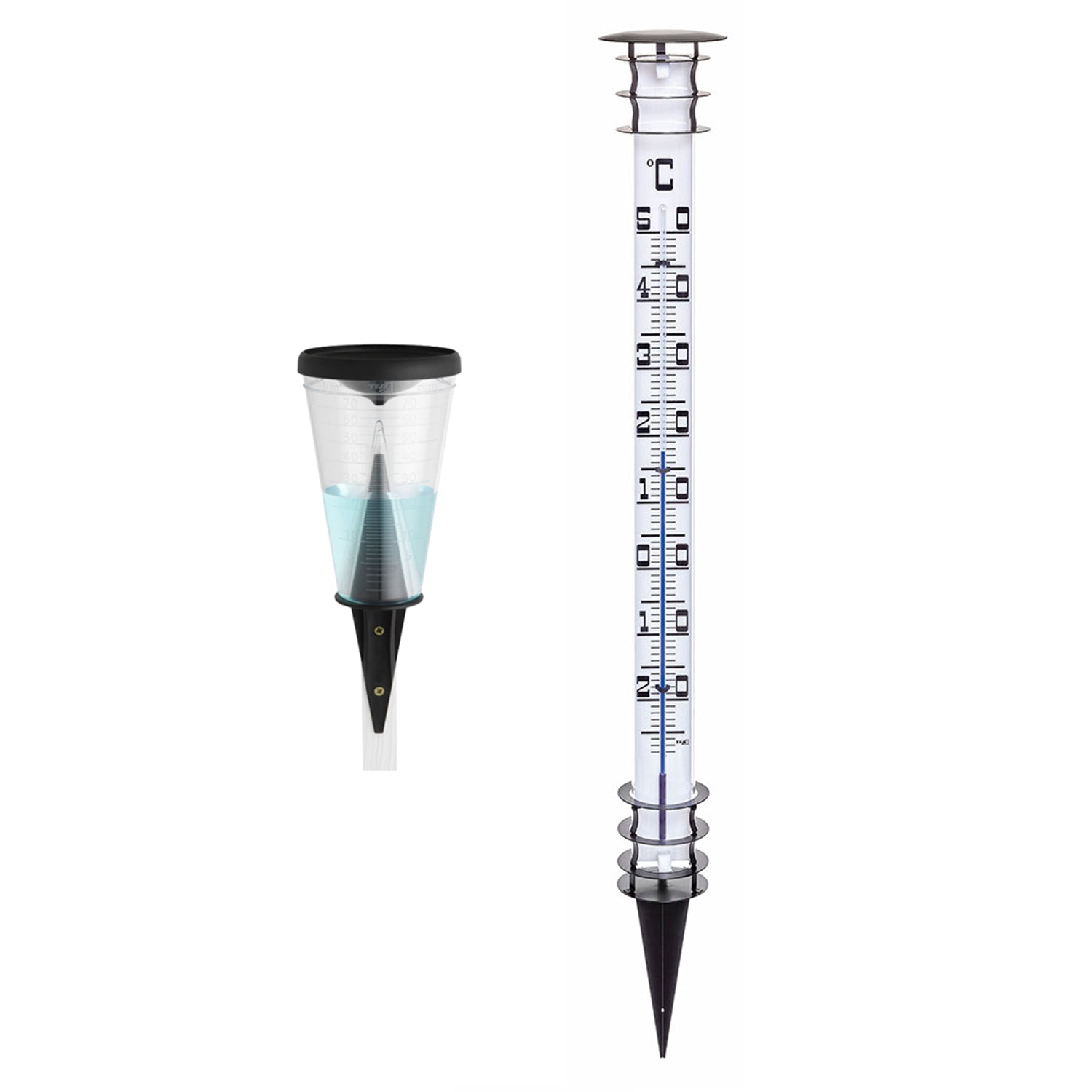 Das Wetter-Set (Analog) enthält einen transparenten analogen Regenmesser und ein Gartenthermometer, beide mit schwarzer Kappe und spitzem Fuß. Der verzinkte Metallmesser sammelt den Regen, während das Thermometer Celsius-Markierungen anzeigt.