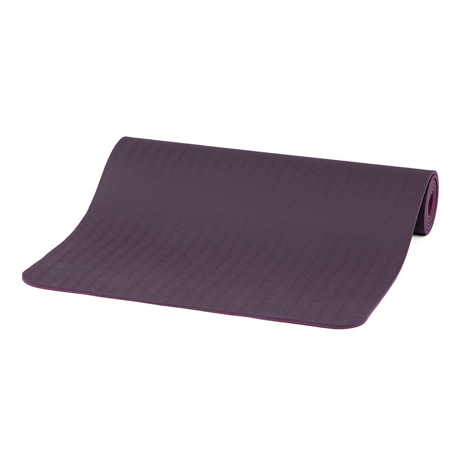 Eine Yogamatte LOTUS PRO in Lila, gefertigt aus umweltfreundlichem TPE, ist teilweise auf einem weißen Hintergrund ausgerollt und zeigt ihre strukturierte Oberfläche.