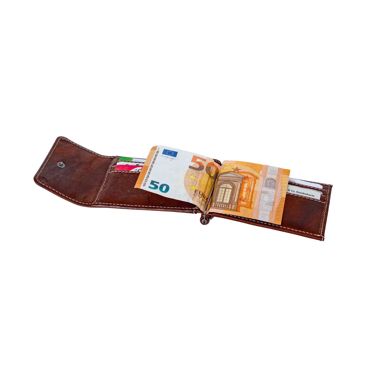 Ein klassischer geöffneter Geldbeutel ZASTER gibt den Blick auf einen 50-Euro-Schein, mehrere Karten und einen Stift frei, die ordentlich in seinen Fächern verstaut sind.