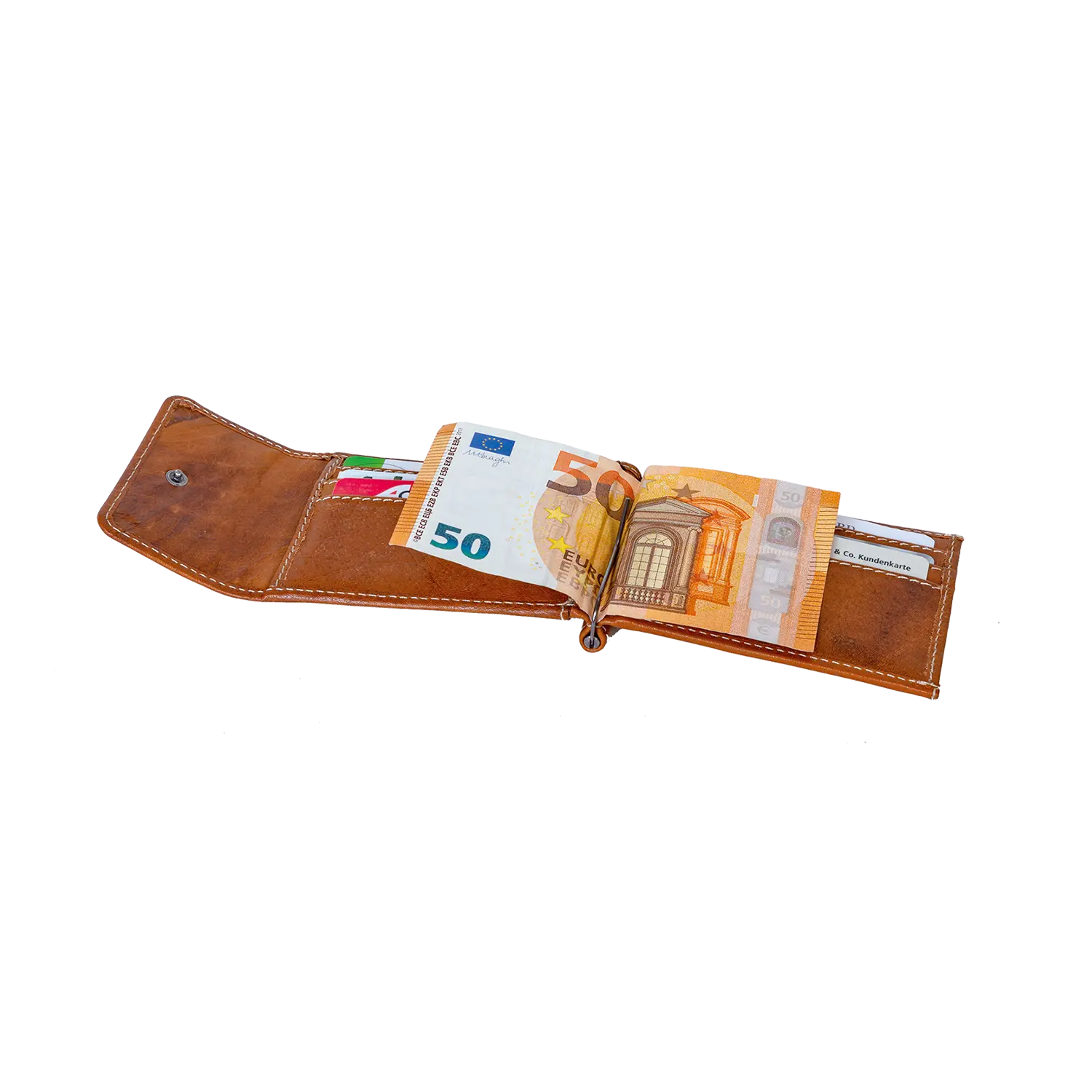 Der braune Geldbeutel ZASTER aus Leder lässt sich öffnen und gibt den Blick auf Euro-Banknoten, Kreditkarten und Quittungen frei.