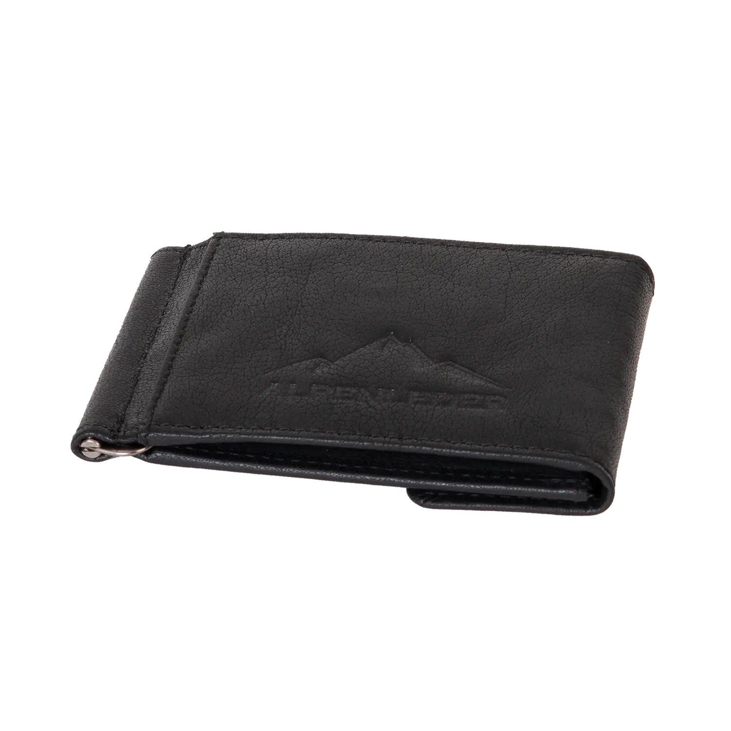 Der Geldbeutel ZASTER ist eine schwarze Lederbrieftasche mit dezentem geprägtem Bergmuster und minimalistischem Klappdesign.