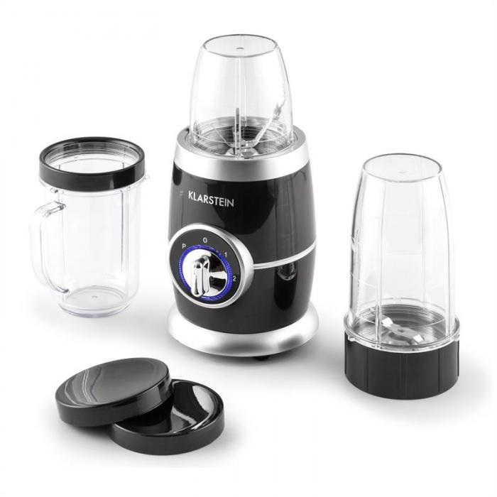 Schwarz-silberner Klarstein Smoothie-Maker mit zwei Mixbechern, einem Henkelbecher und zwei Deckeln – ideal für Smoothies – abgebildet auf weißem Hintergrund.