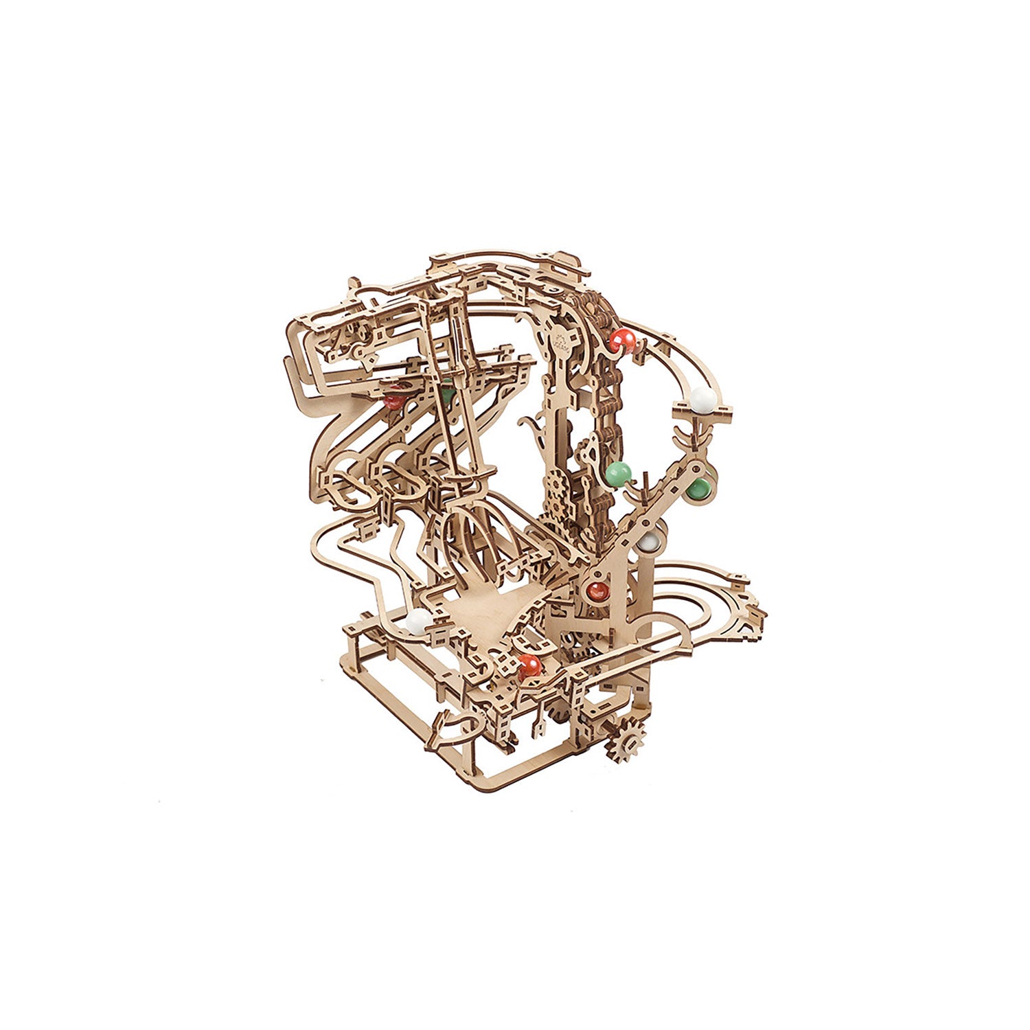 Das 3D-Holzpuzzle „Murmel-Kettenbahn“ bietet komplizierte Pfade, Zahnräder und eine Kombination aus gebogenen und geraden Schienen, die mit bunten Perlen und Metallelementen verziert sind und die Essenz eines YouTube-Phänomens einfangen.