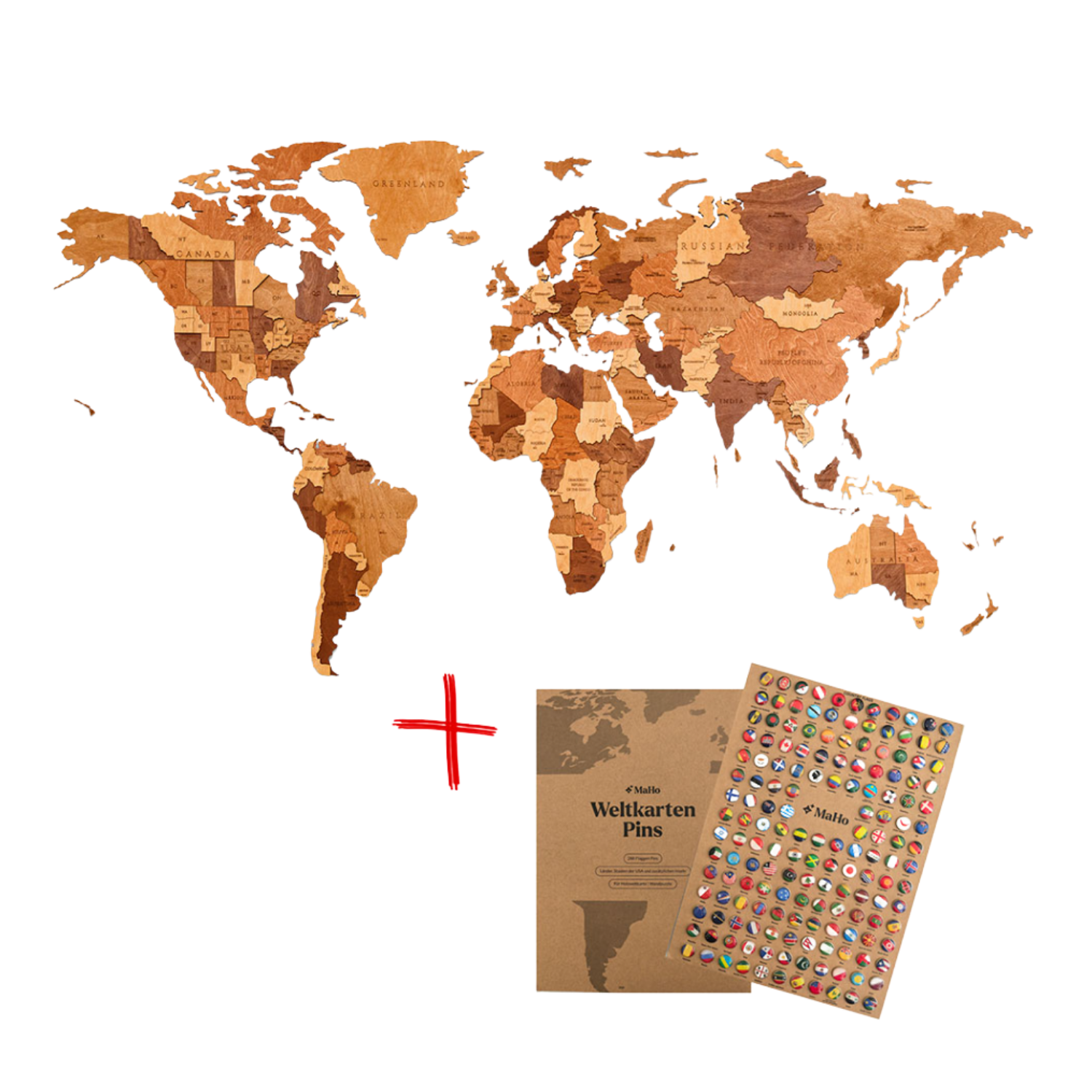3D-Holzpuzzle Set Weltkarte M + Flaggen-Pins
