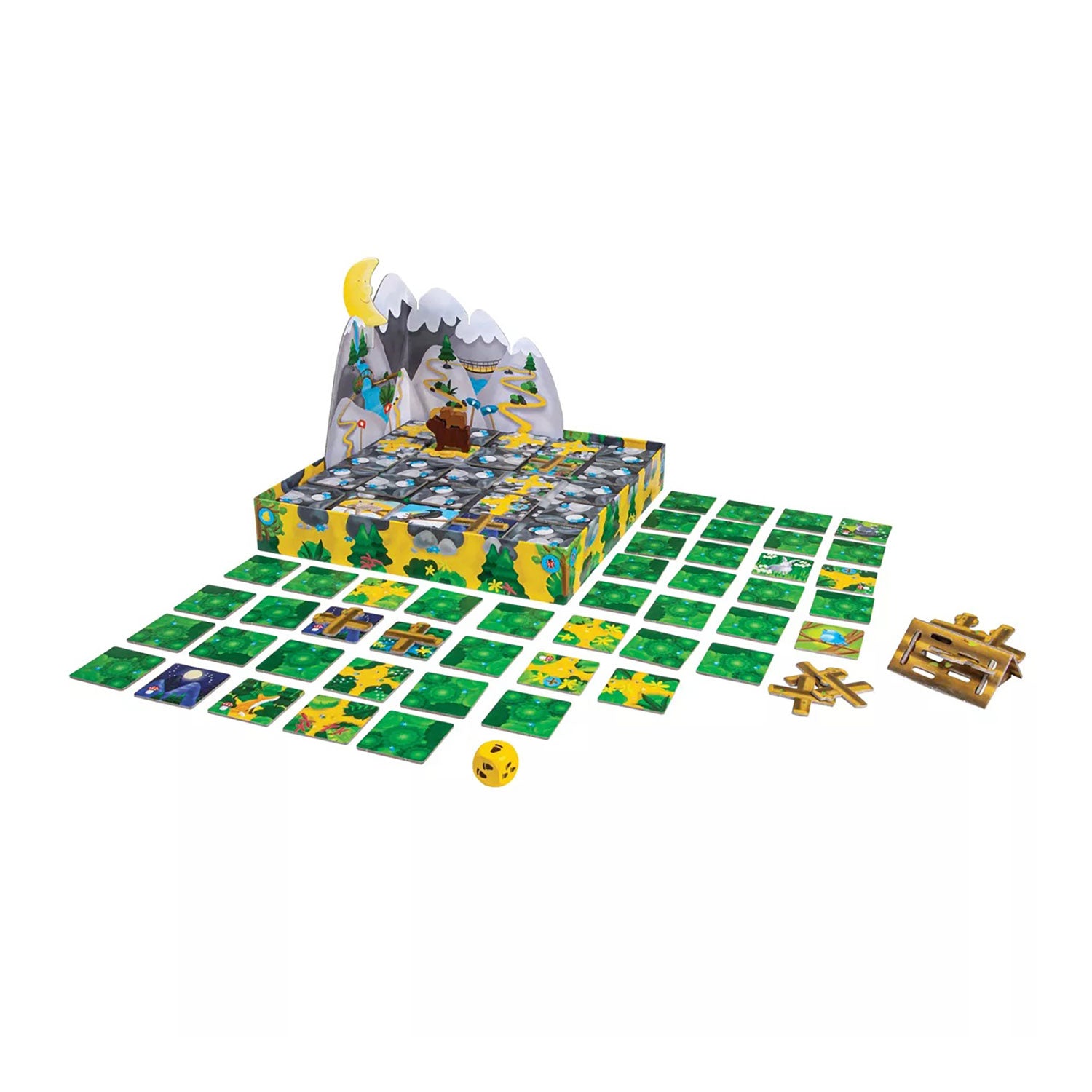 Kleiner Bär ist ein Familienbrettspiel mit dreidimensionalem Berg- und Walddesign. Umgeben von grünen und gelben Karten mit lebendigen Illustrationen, enthält es einen gelben Würfel und hölzerne Fallenteile und bietet so ein abenteuerliches kooperatives Entdeckungsspiel-Erlebnis.