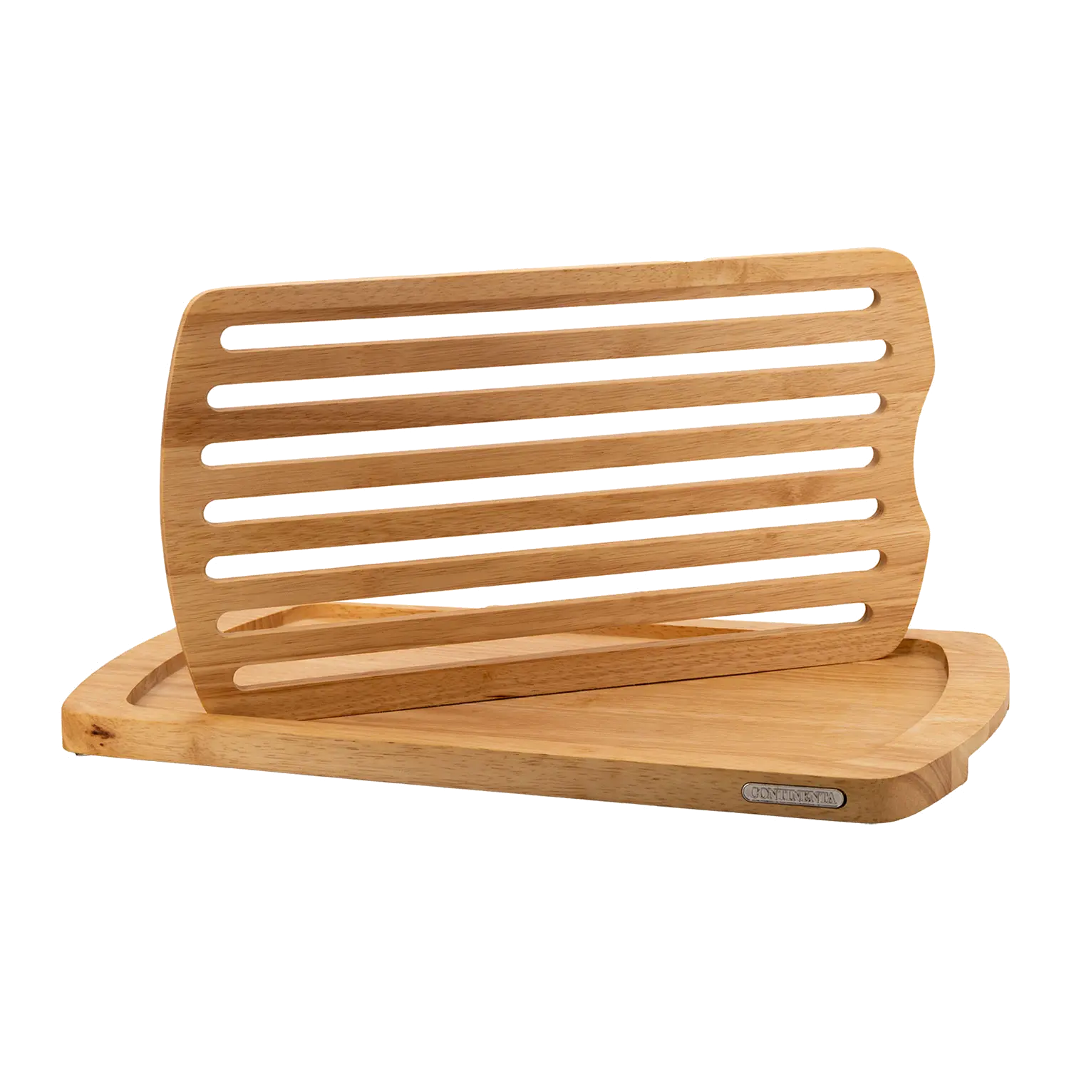 Das Brotschneidebrett, ein Küchenwerkzeug aus Holz mit Schlitzführung und Standfuß, sorgt für gleichmäßiges Schneiden und bietet mit seiner natürlichen Holzoberfläche eine rustikale Optik.