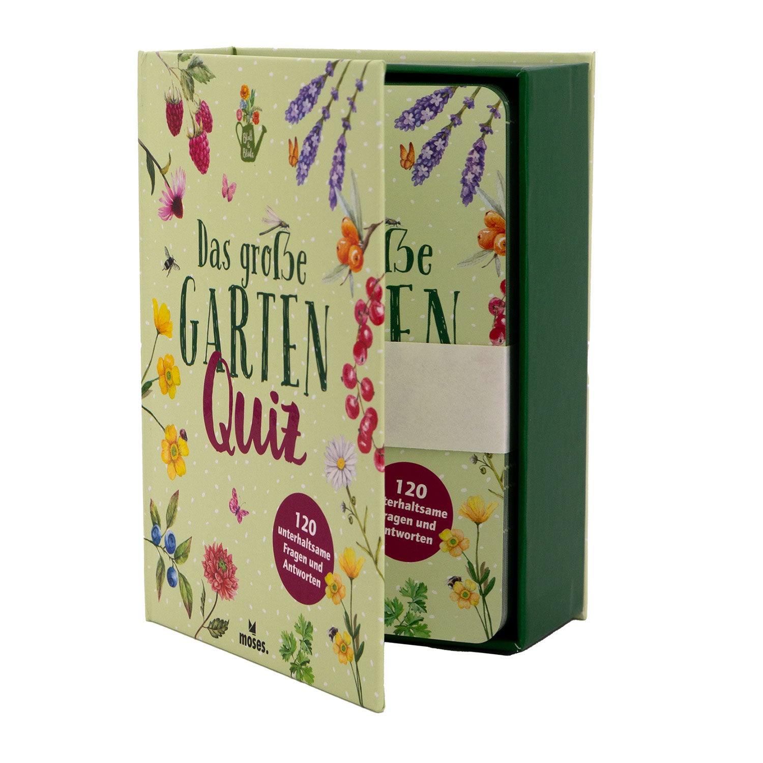 Eine wunderschön gestaltete Geschenkschachtel namens „Das große Gartenquiz“ zeigt lebendige Illustrationen von Blumen, Beeren und Blättern. Es bietet „120 inspirierende Fragen und Antworten“. Die Box ist teilweise geöffnet und enthüllt interessante Karten im Inneren – ideal für jeden Gartenliebhaber.