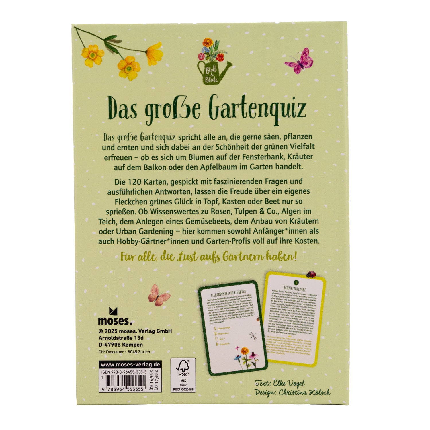 Das deutsche Gartenquiz „Das große Gartenquiz“ wird in einer Geschenkschachtel mit grünem Blumenmotiv geliefert. Das Spiel führt die Spieler mit deutschen Texten durch eine lehrreiche Reise rund um Pflanzen, Kräuter und das Leben im Garten. Ideal für alle Gartenliebhaber. Es enthält Karten und Fragen mit Copyright-Hinweisen am unteren Rand.