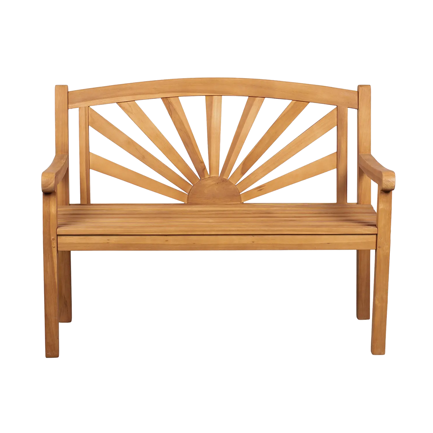 Teak-Gartenbank Sonne mit Sonnenmotiv im Rückenteil, naturbelassen