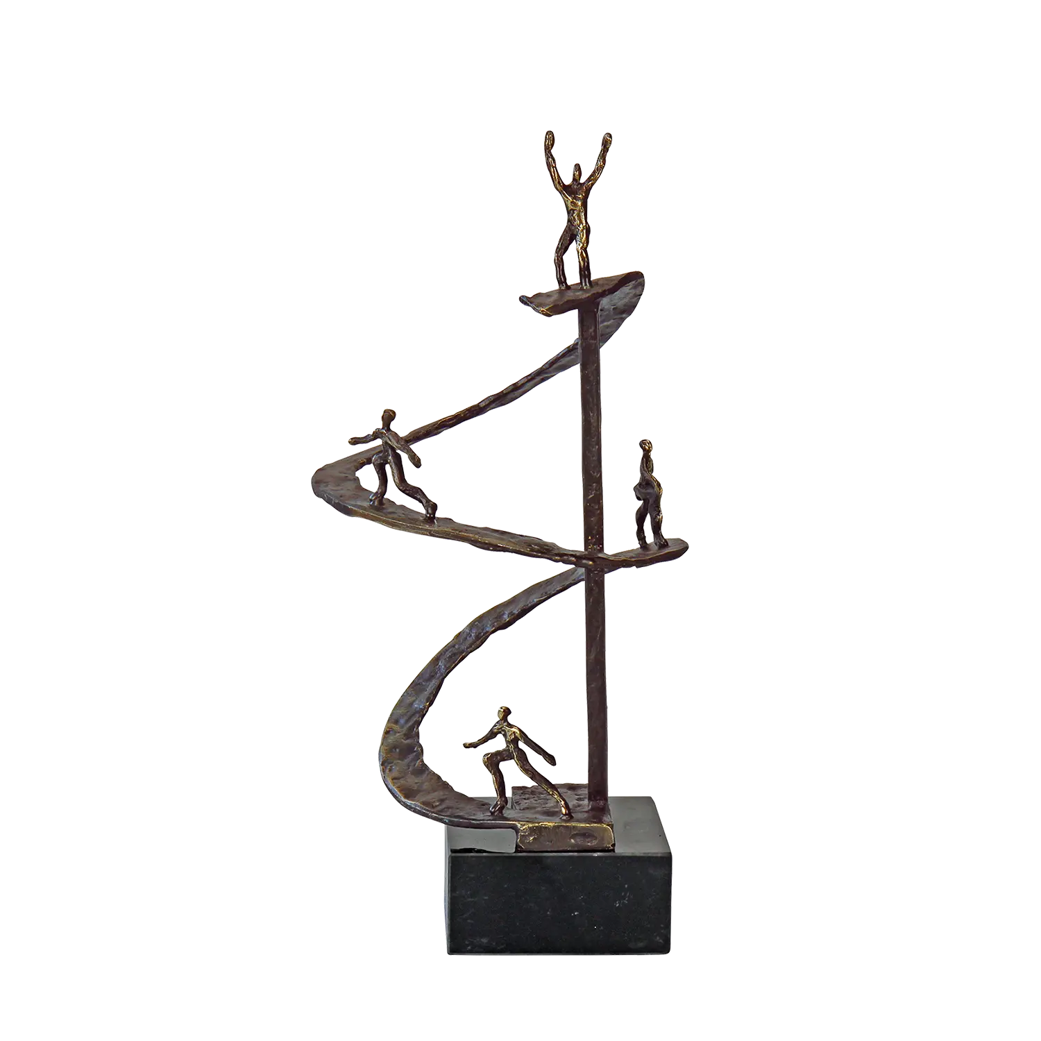 Die Skulptur "Erfolgsspirale" von Gerard steht majestätisch auf einem schwarzen Marmorsockel, der ihrem eleganten Design einen Hauch von Raffinesse verleiht. Die Form der Skulptur ist dynamisch und fließend, mit geschwungenen Linien, die sich spiralförmig nach oben ziehen. Diese Konturen spiegeln den mühsamen, aber lohnenden Aufstieg zum Erfolg wider.

Das Material aus hochwertigem, handpatiniertem Metallguss verleiht der Skulptur eine ansprechende Textur und Oberflächenstruktur.