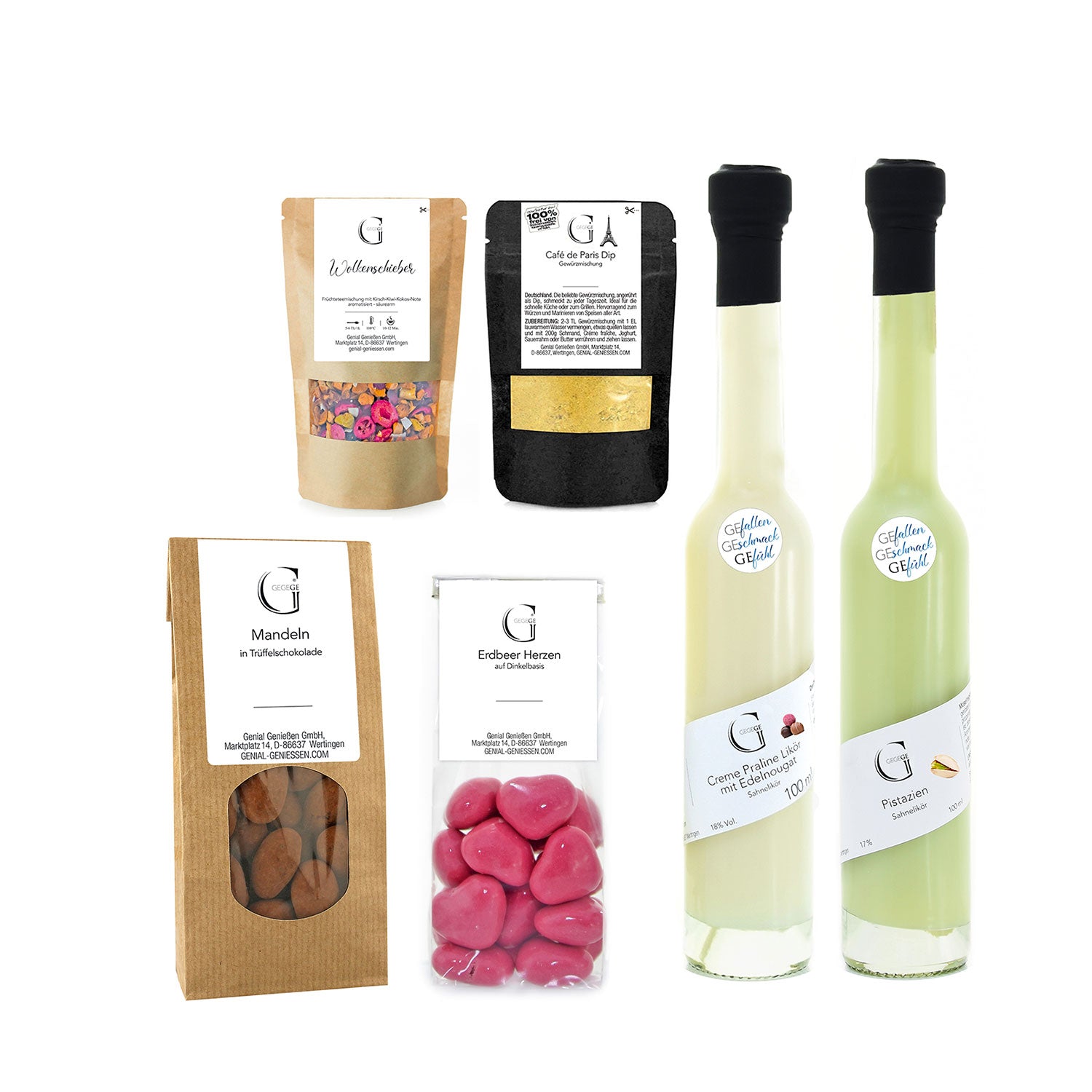 Gönnen Sie sich das „Zeit zum Glücklich sein – Geschenkset“ mit Pistazien Sahnelikör, zwei hellen Getränken, herzförmigen rosa Bonbons, Mandeln, bunten Blütenblättern und einer schwarzen Packung Gold-Popping-Bonbons – alles elegant verpackt in einer atemberaubenden Geschenkverpackung.