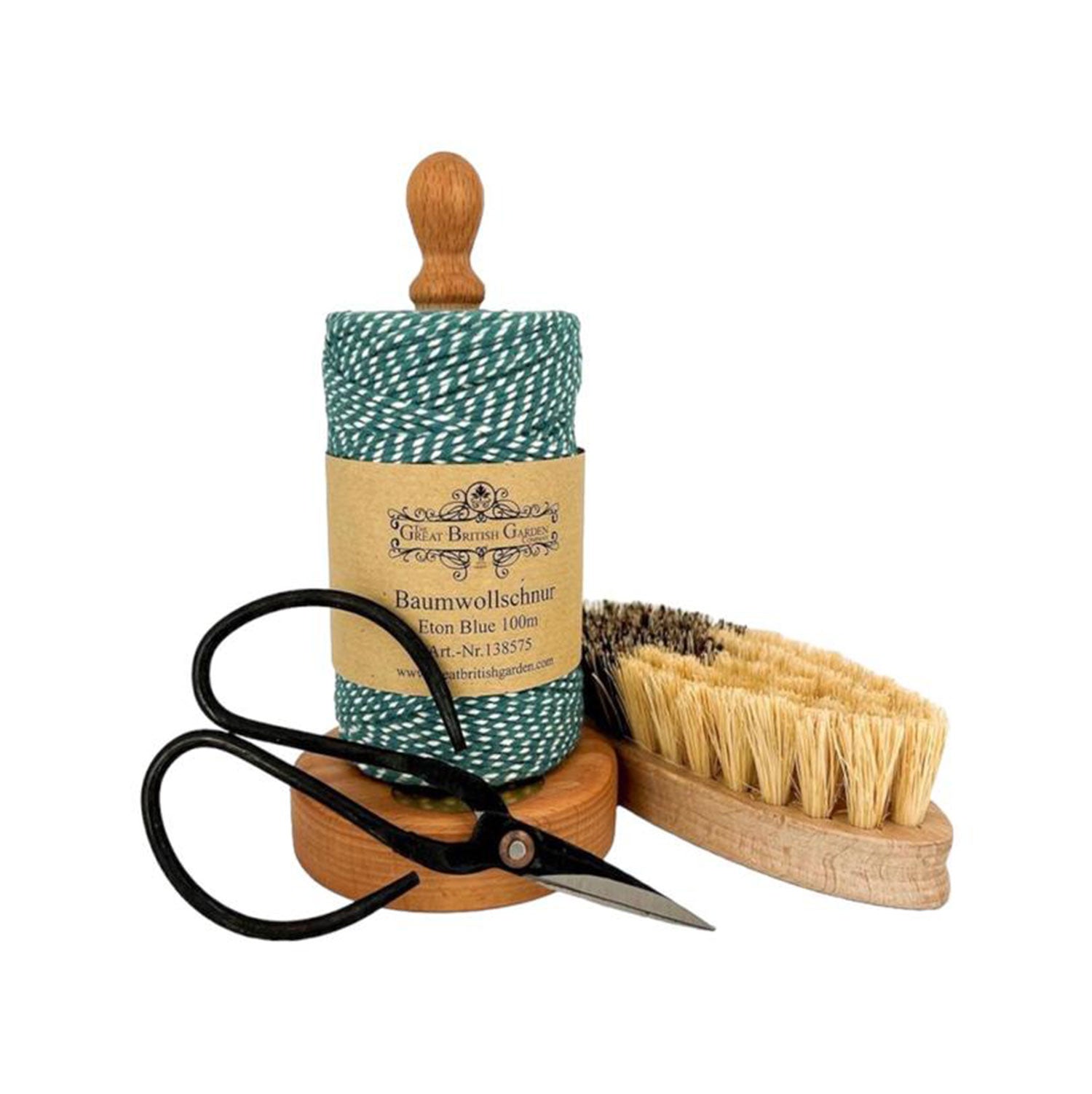 Geschenkset Küchengarten mit Bakers Twine auf Holzhalter, Vintage-Schere und Gemüsebürste