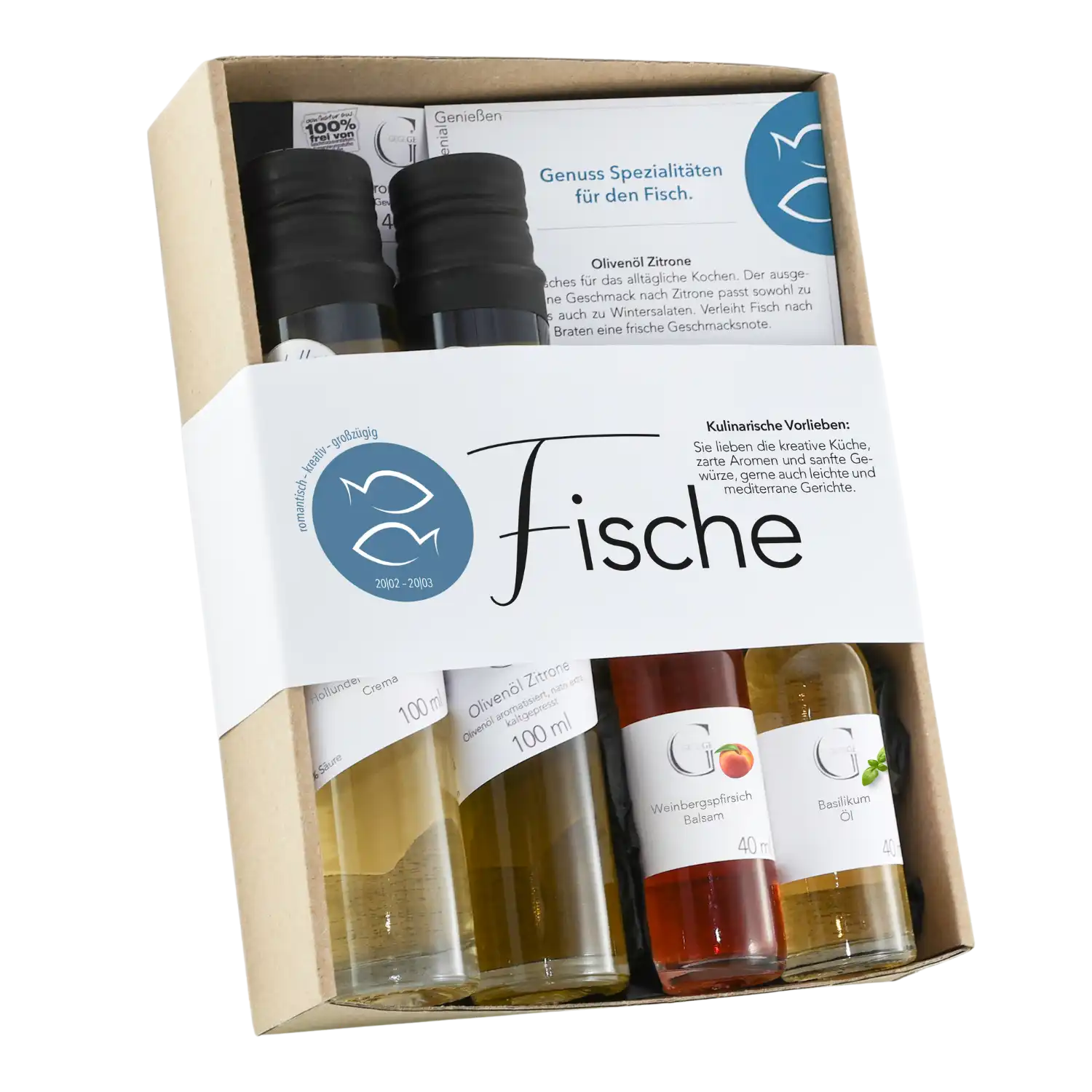 Das Sternzeichen-Set – Fische ist ein Geschenkset mit drei Flaschen Ölen und Gewürzen für Fischgerichte, hübsch verpackt in einem Karton mit einer Informationskarte im Inneren.