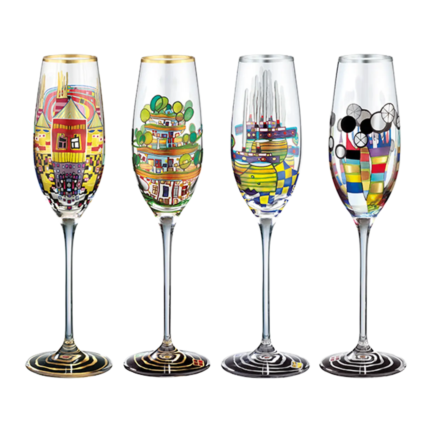 Sektgläser von Hundertwasser -Set 4-teilig Gold Silberdekor