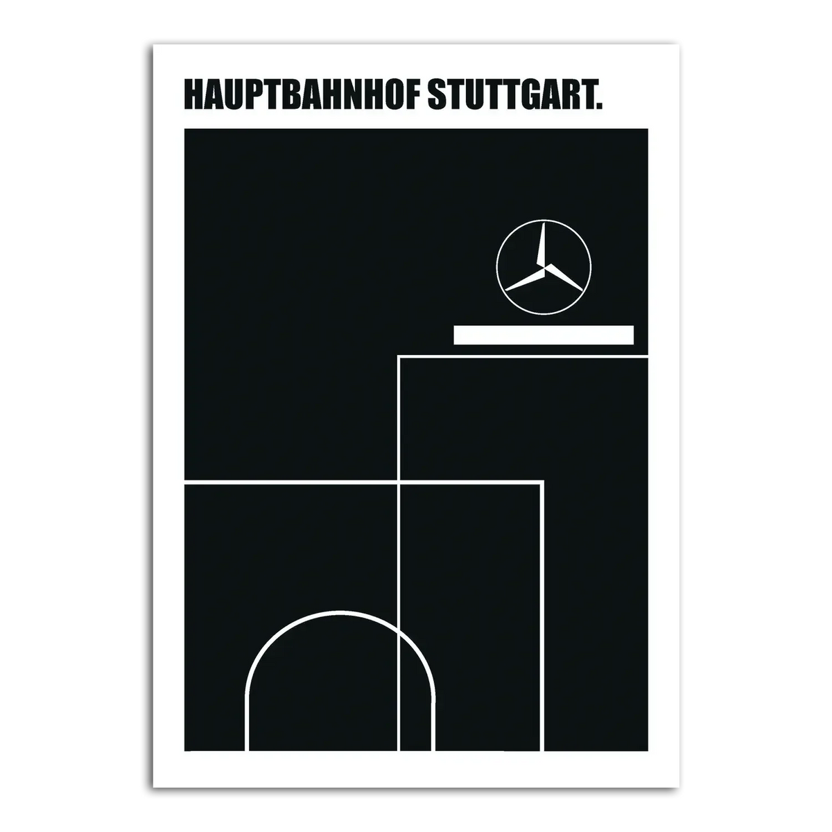 Wandbild Hauptbahnhof Stuttgart von Julian Danner, Bahnhofsturm mit Stern in Schwarz-Weiß