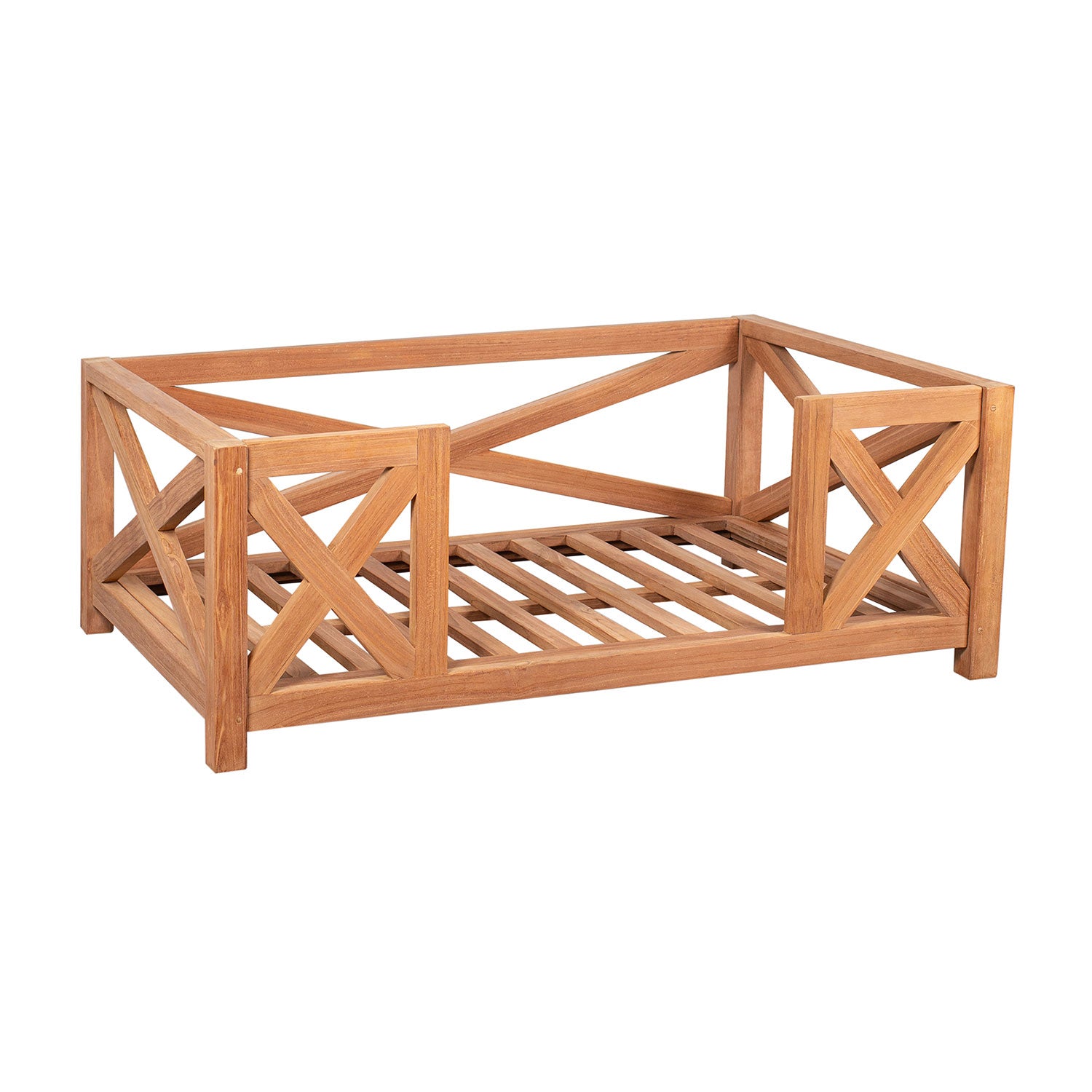 Das Hundebett Bello ist ein Holzbettgestell mit Lattenrost und Kreuzmuster an den Seiten und der Rückseite. Die rechteckige XL-Konstruktion mit offener Oberseite aus hellbraunem Holz passt perfekt zu jeder Einrichtung und bietet Ihrem vierbeinigen Freund gleichzeitig Komfort.