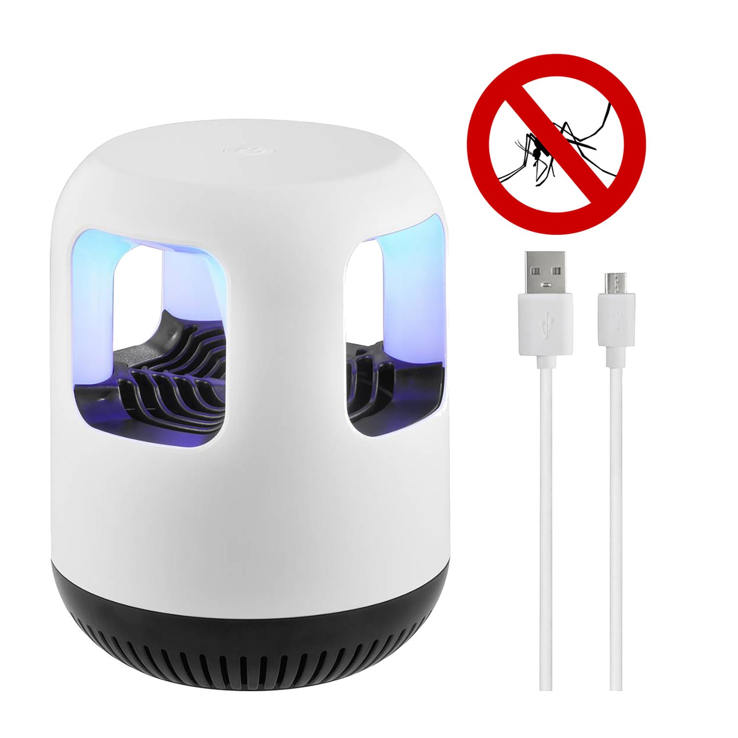 Die umweltfreundliche Insektenfalle mit Nachtlicht ist eine weiße, zylindrische Mückenfalle mit blauem Licht und einem internen Ventilator. Sie wird mit einem USB-Ladekabel geliefert und ist mit einem roten Kreis versehen, der ihre Funktion als UV-Mückenvernichter für effektiven Insektenschutz symbolisiert.