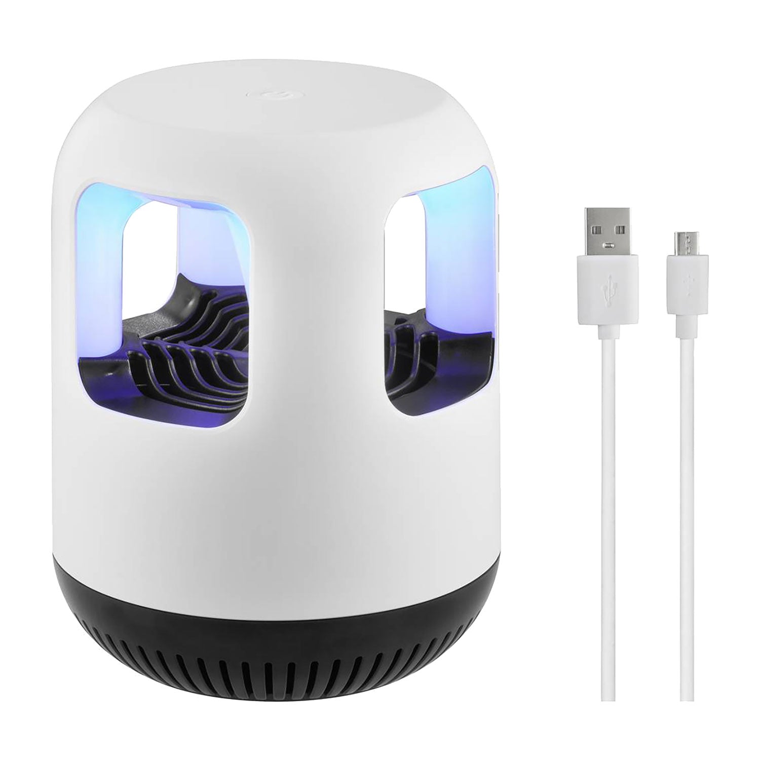 Die Insektenfalle mit Nachtlicht ist eine weiße, zylindrische Mückenfalle mit schwarzem Boden und offenen Seitenöffnungen, die ein beruhigendes blaues Licht ausstrahlt. Im Lieferumfang ist ein weißes USB-Kabel mit USB- und Micro-USB-Anschlüssen enthalten, das einen umweltfreundlichen Ansatz für effektiven Insektenschutz bietet.
